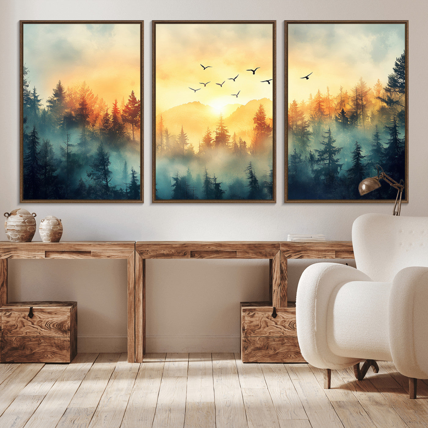 MGV-FC-60X30-3P - Abstract Forest Wall Art Print- Serene Nature Canvas Print with Misty Forest Design for Modern Home