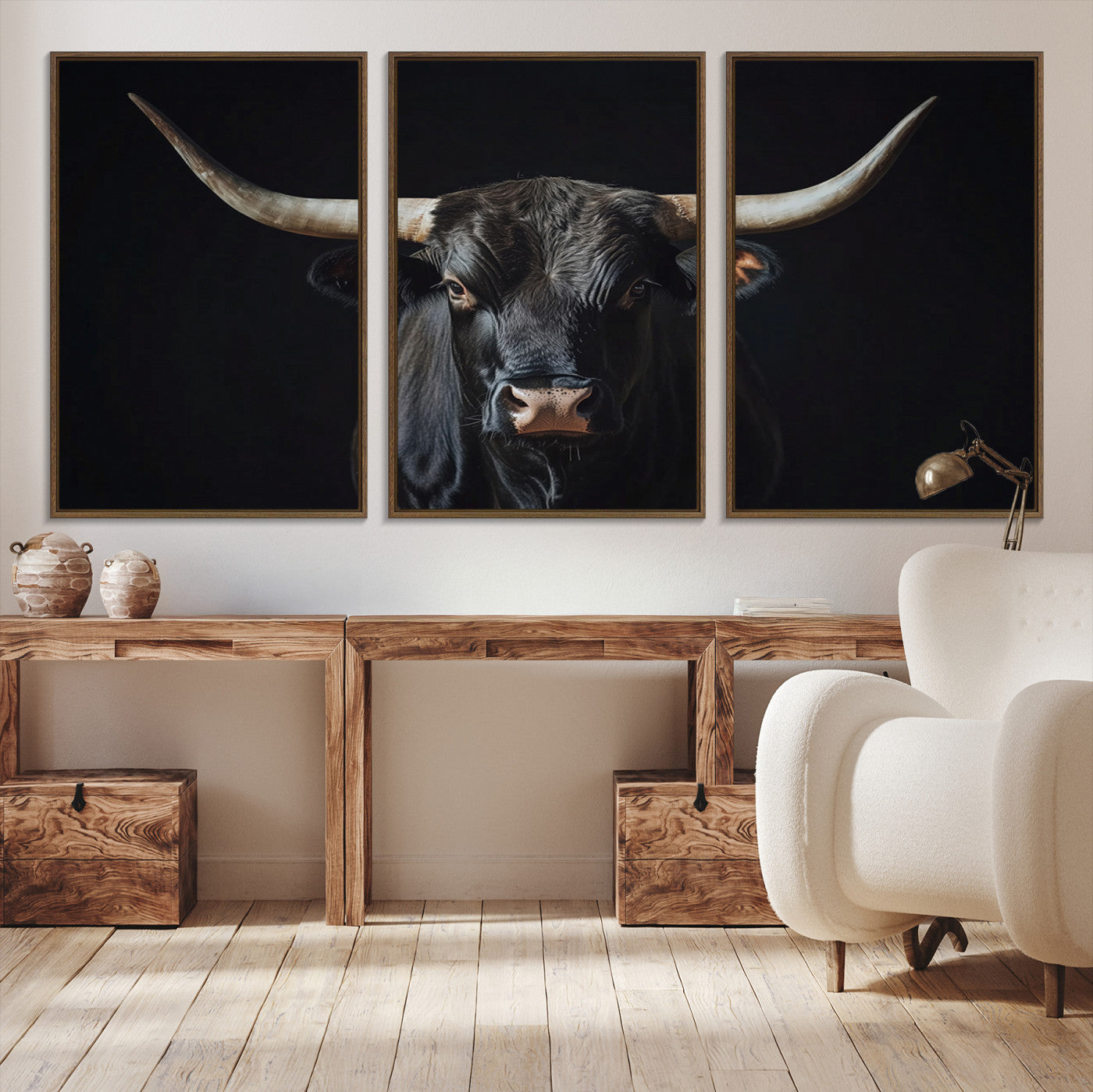Canvas of a black longhorn bull against a dark background, featuring moody tones and western character for rustic or cowboy-inspired spaces.