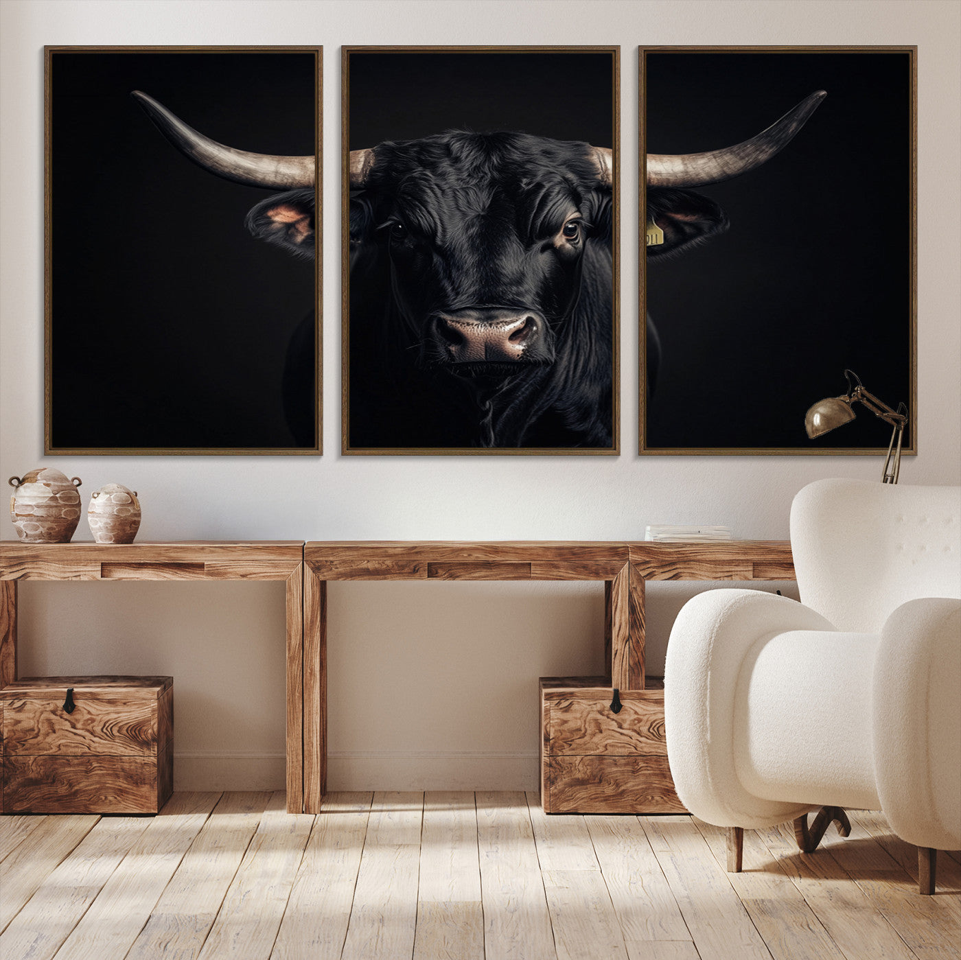 Canvas featuring a black horned bull in moody lighting on a dark background, perfect for western or rustic farmhouse-style home decor.