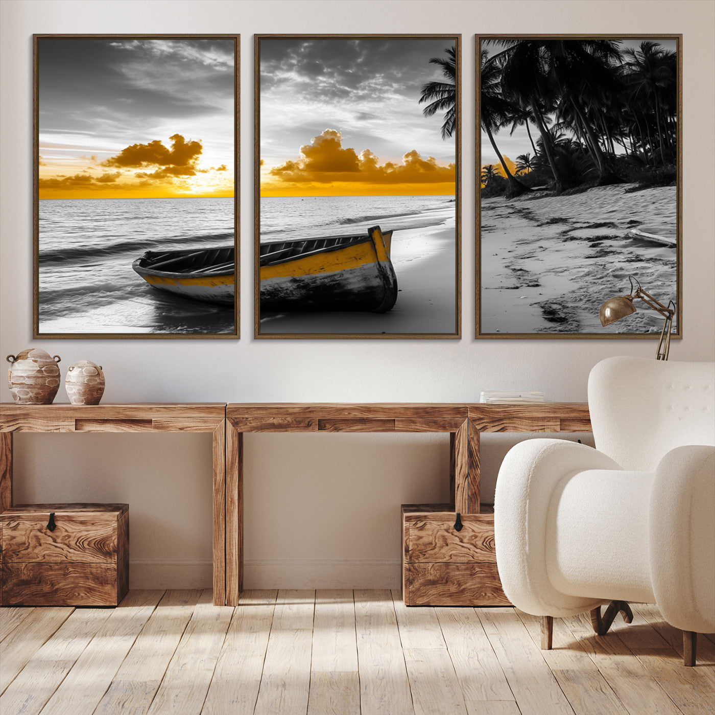 Canvas of a yellow rowboat on a black and white tropical beach with golden sunset sky, ideal for coastal or tropical-themed home decor.