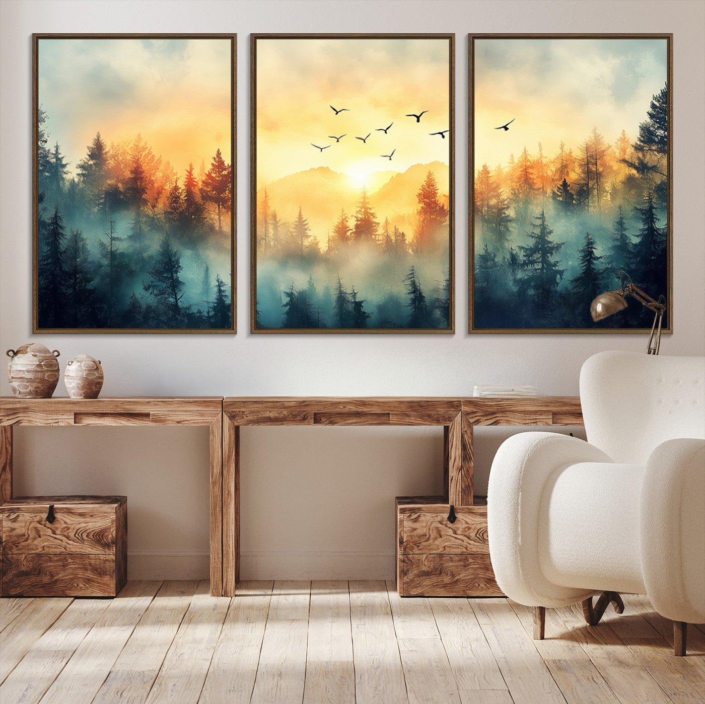 69770822-MGV-CV-48X32-3P-Sunrise Forest Wall Art – Framed Misty Pines Canvas Artwork, Peaceful Woodland Design, Tranquil Nature Decor for Home, Office