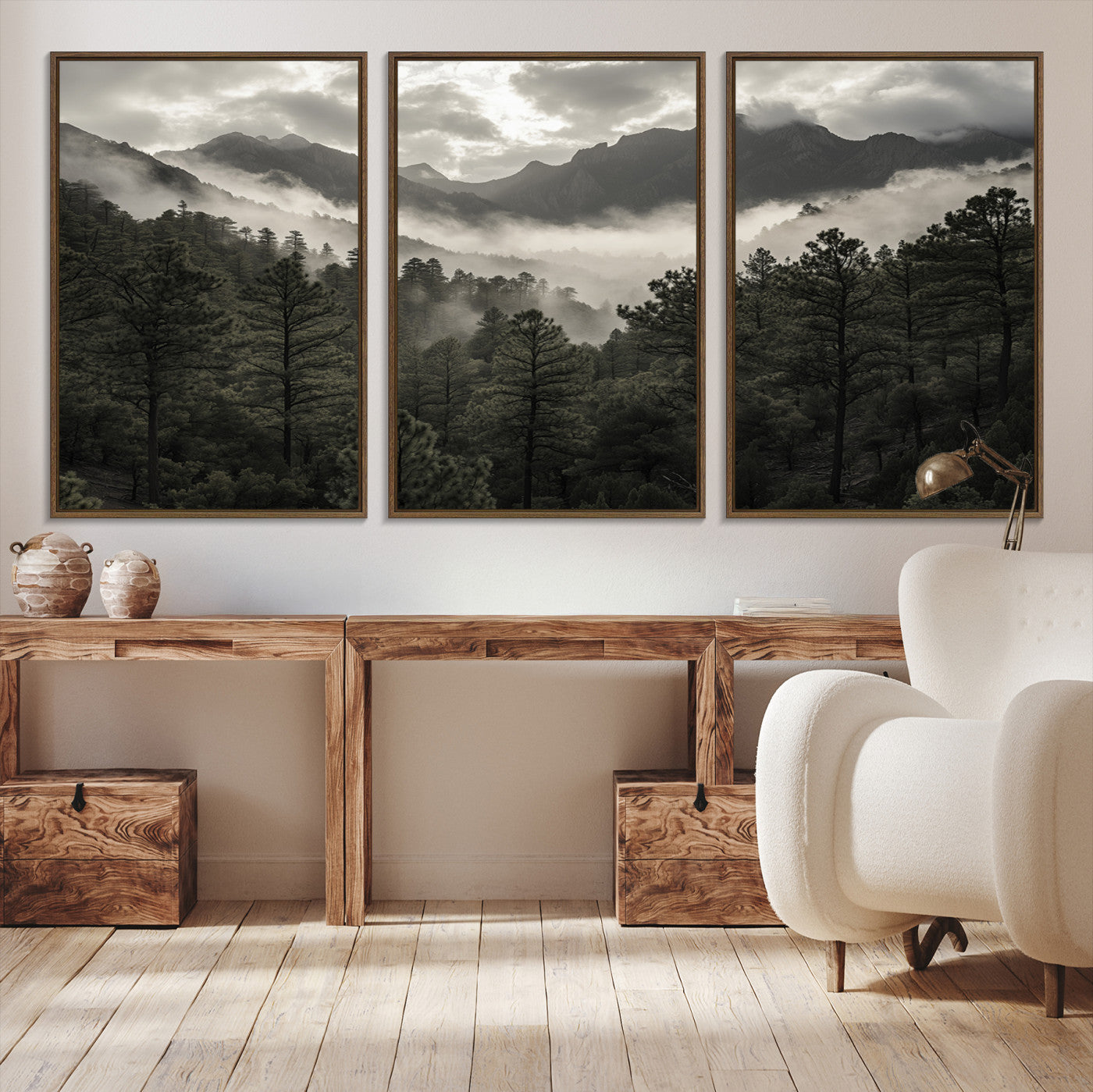 Canvas of moody pine forest and foggy mountain peaks under overcast skies, ideal for calm and rustic woodland-themed home decor.