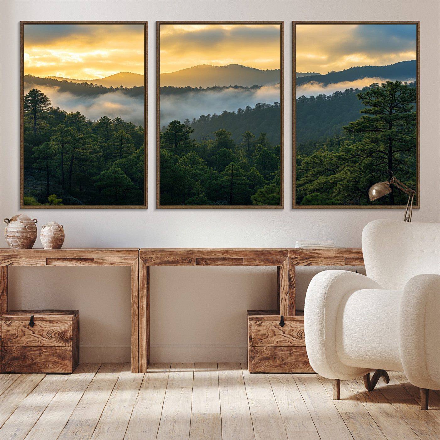Canvas of misty pine-covered mountains at sunrise, featuring golden light and fog layers, ideal for tranquil earthy home decor.