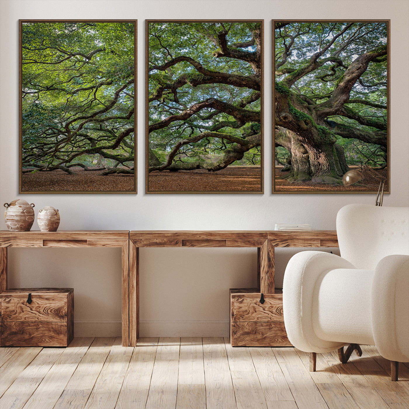 Canvas of the Angel Oak tree with sprawling limbs and mossy bark, ideal for earthy natural or rustic southern-inspired decor.