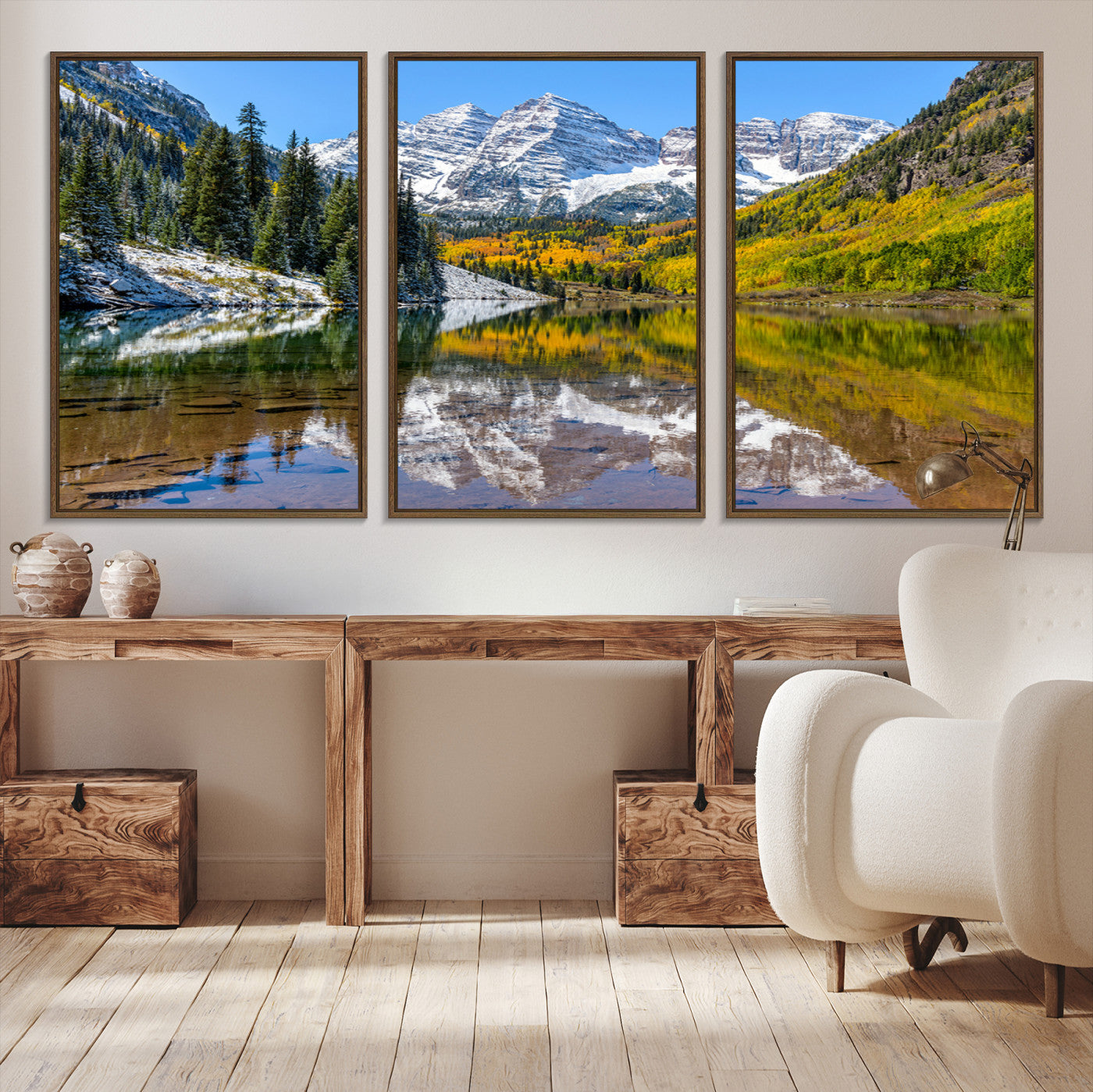 Canvas of Maroon Bells reflected in a clear alpine lake, with golden aspens and snowy peaks, ideal for crisp autumn or mountain-themed decor.