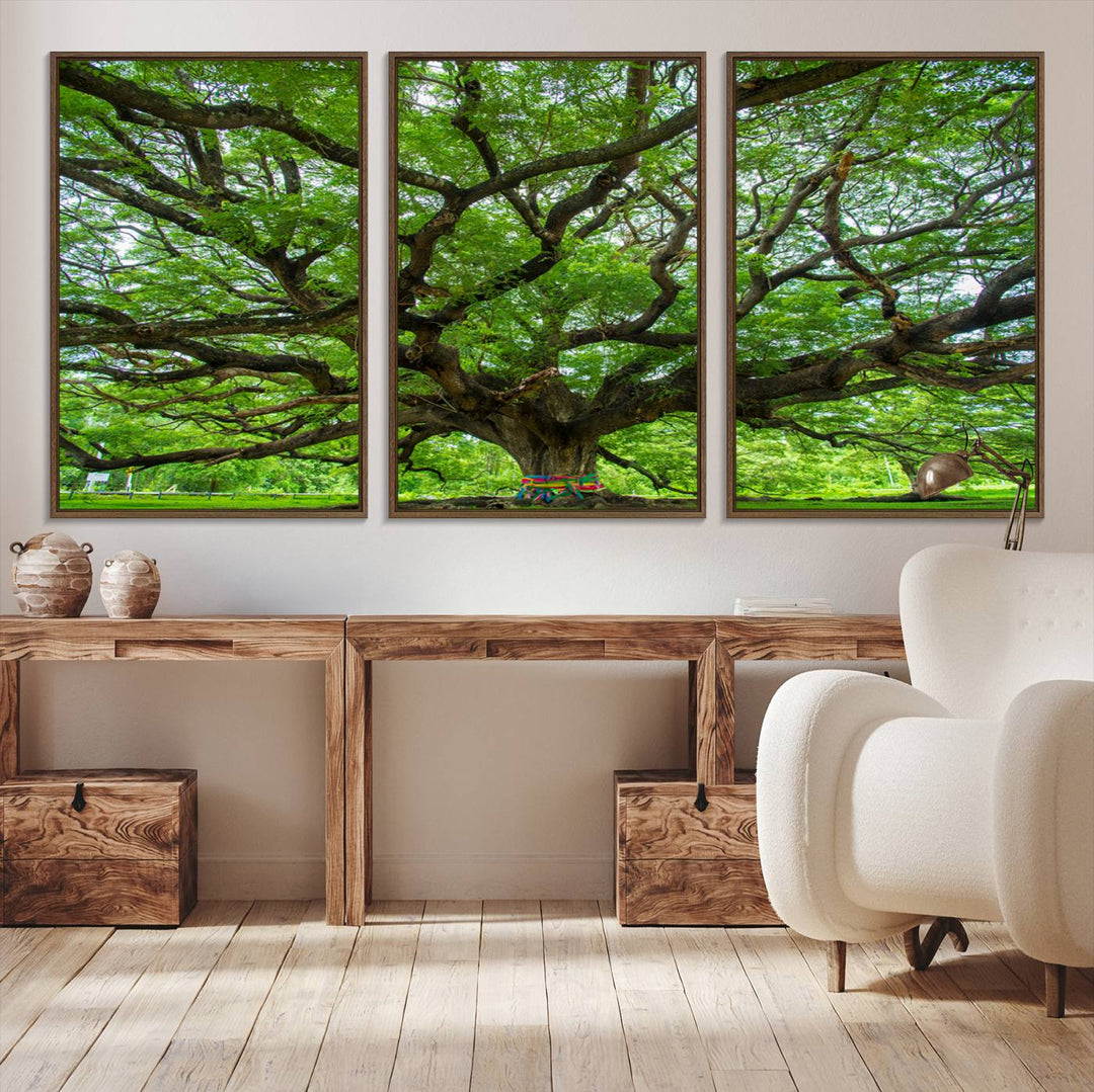 Framed Angel Oak Tree print featuring sprawling branches and ribbons against a clear sky backdrop, ideal for home or office decor.