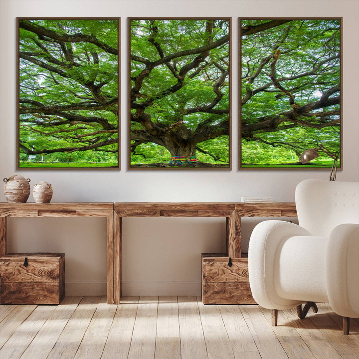 Framed Angel Oak Tree print featuring sprawling branches and ribbons against a clear sky backdrop, ideal for home or office decor.