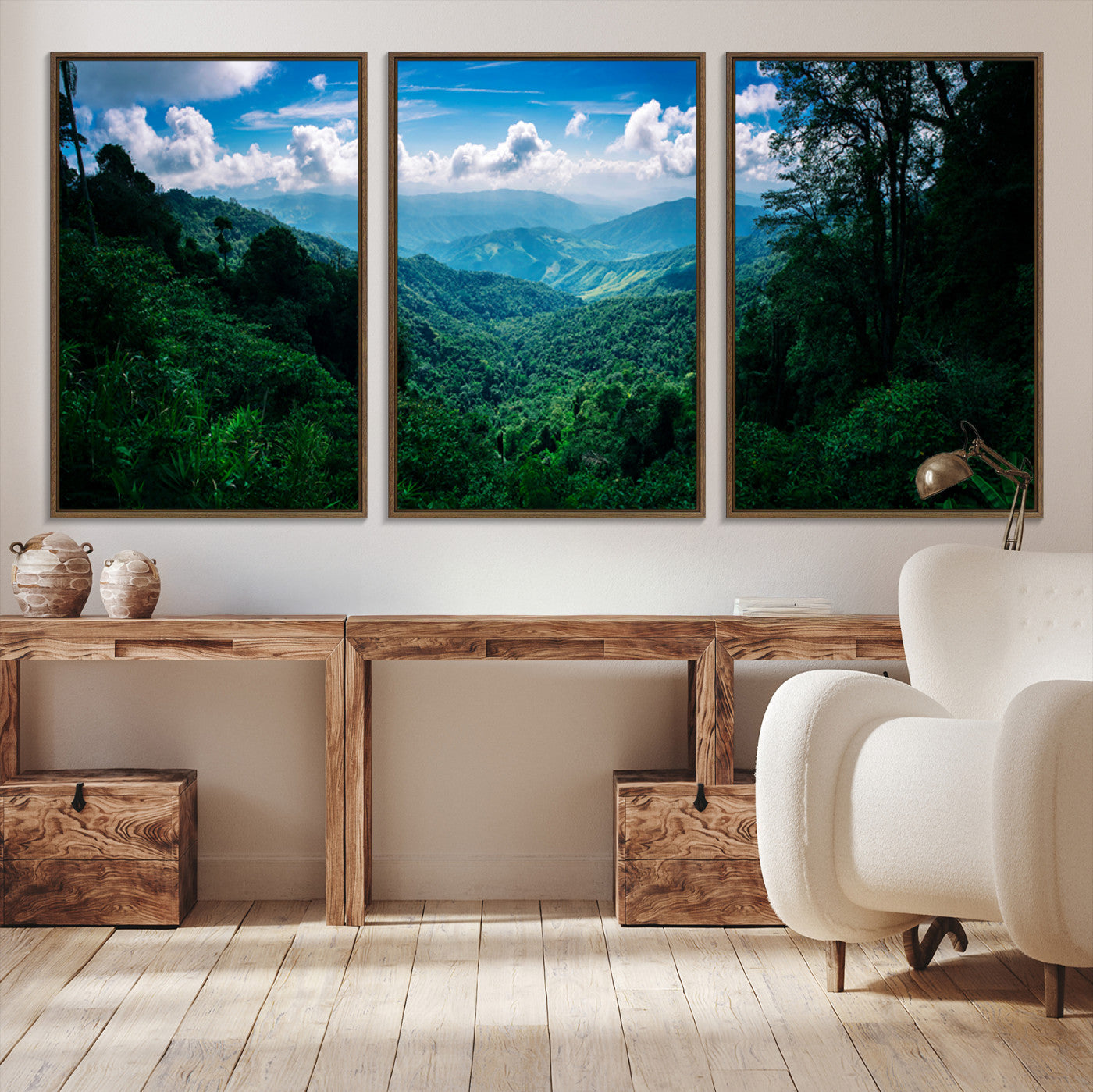 Canvas of a misty tropical jungle with vibrant greenery and layered blue mountains, ideal for exotic nature-themed wall décor.