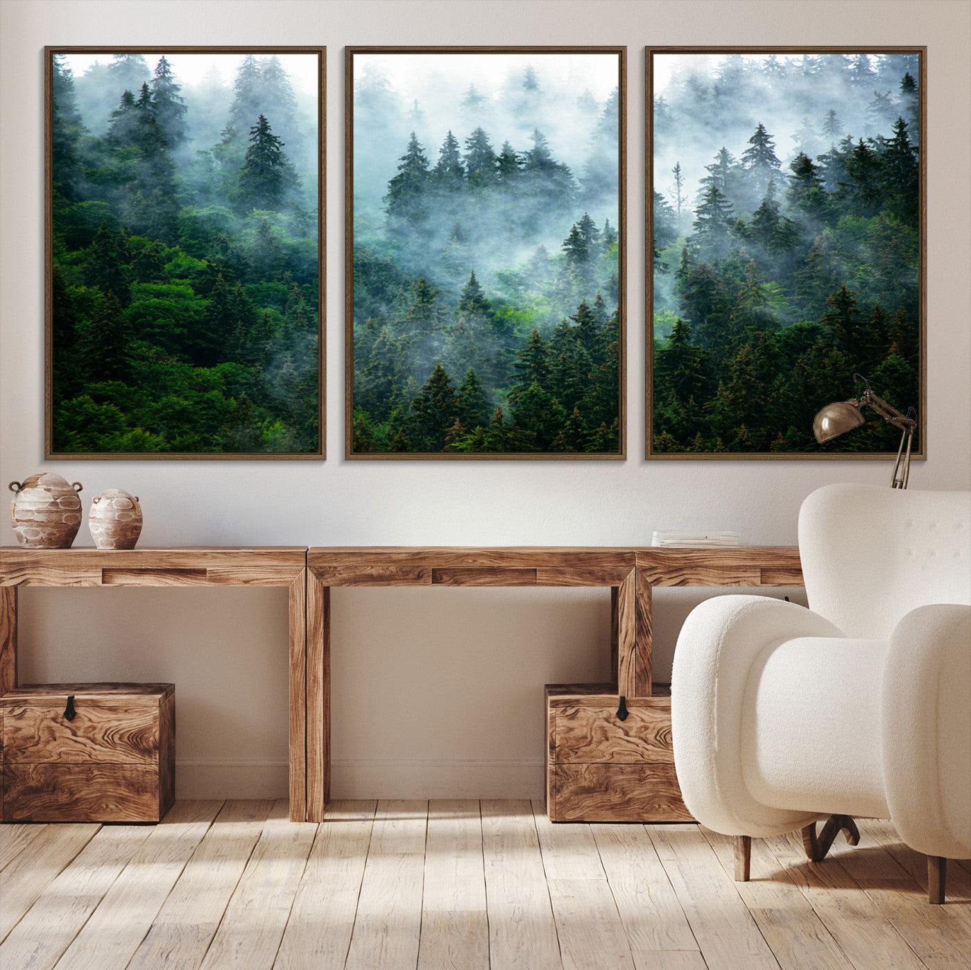 A captivating view of a dense pine forest blanketed in drifting fog, evoking a mystical and tranquil atmosphere.