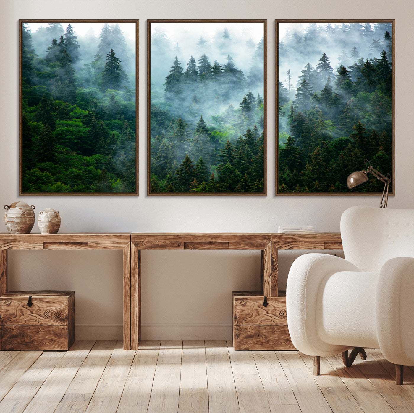 17393683-MGV-CV-36X24-Misty Forest Wall Art Canvas Print – Framed Foggy Mountain Scene with Serene Nature Artwork for Home, Office, Living Room