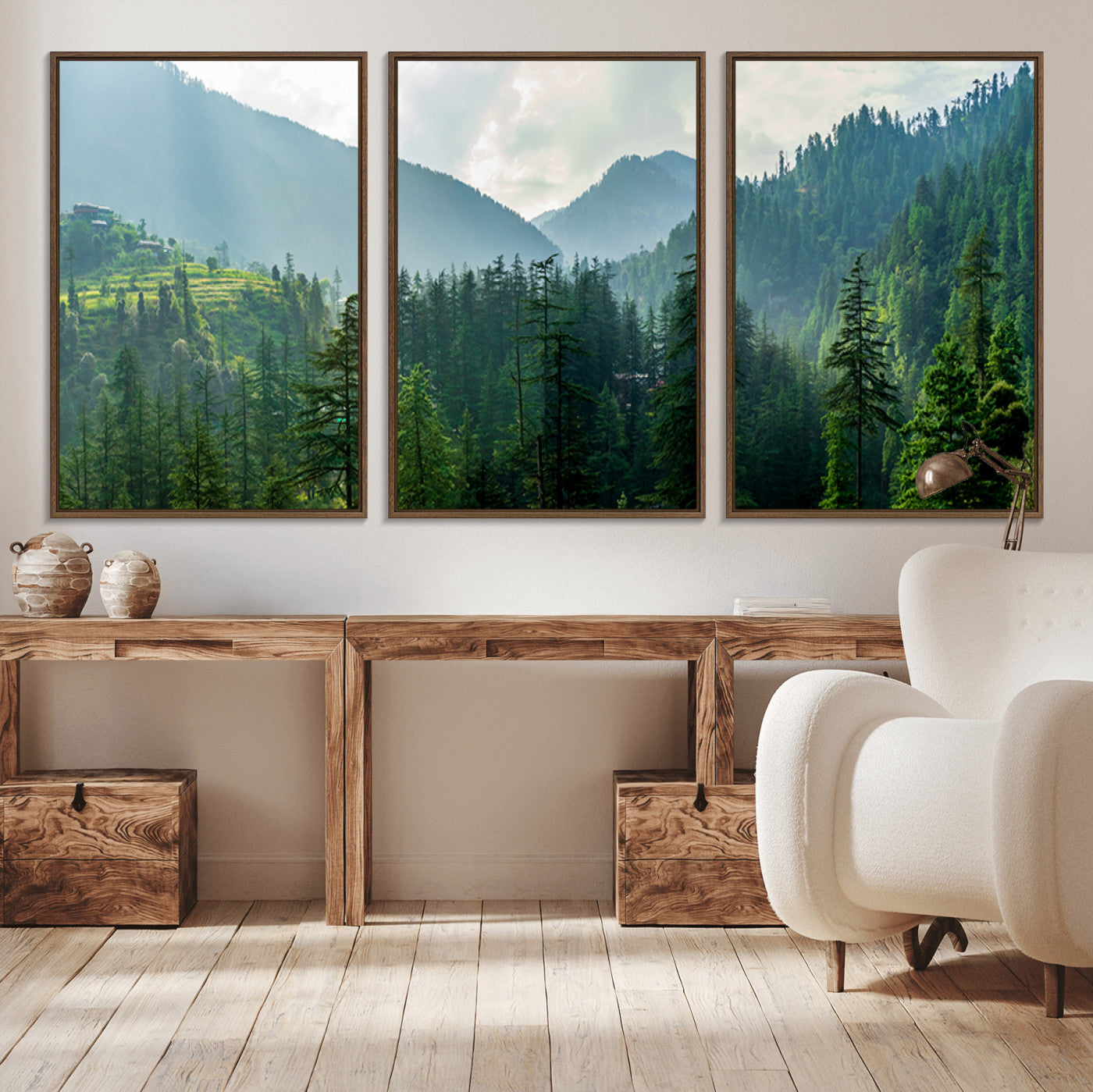 83417191-MGV-CV-36X24-Misty Forest Mountain Wall Art Canvas Print – Framed Serene Nature Scene with Tranquil Valley Artwork for Home, Office