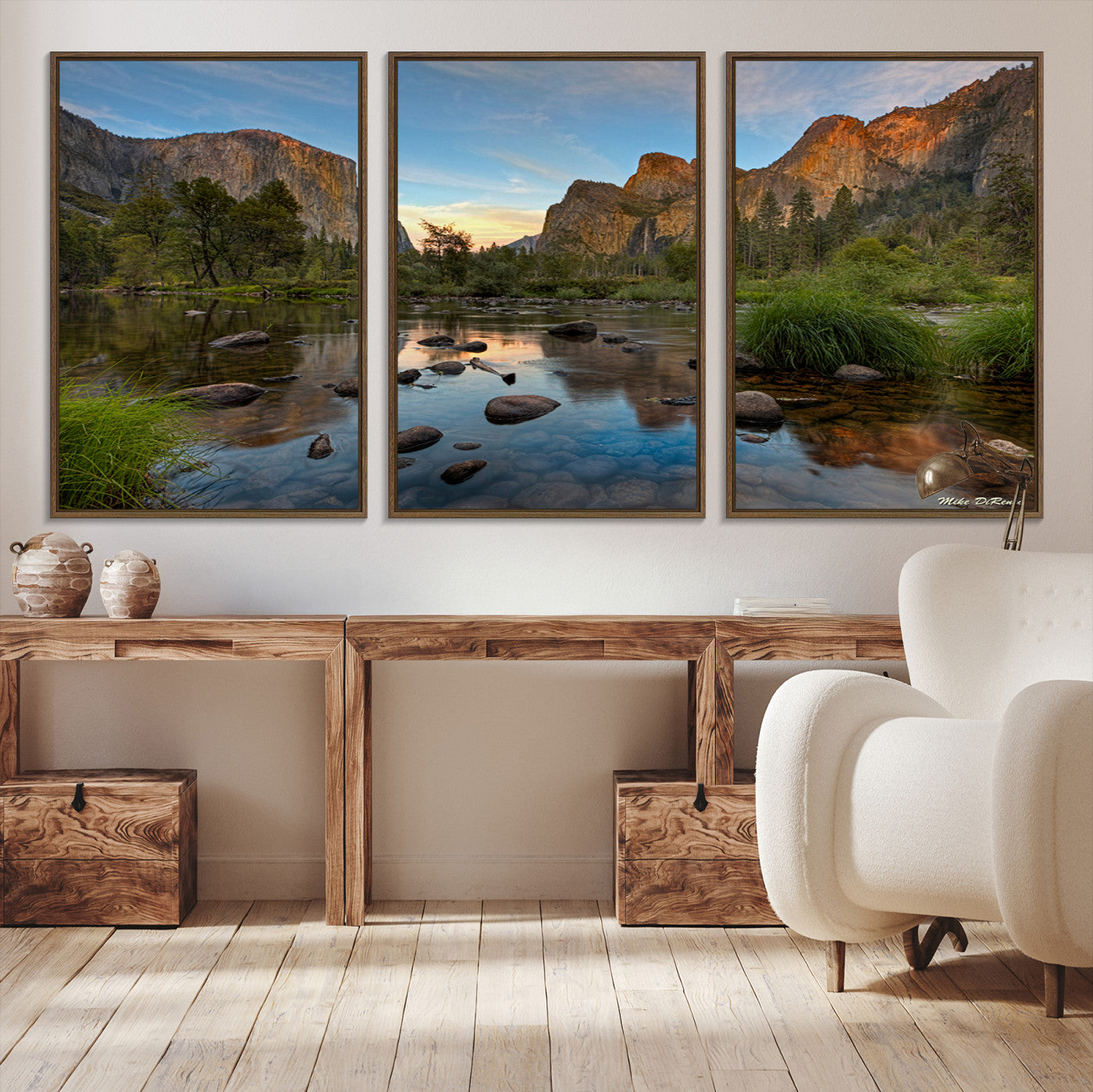 Canvas of Yosemite Valley with El Capitan and sunset reflections in a calm river, perfect for rustic or nature-themed décor.