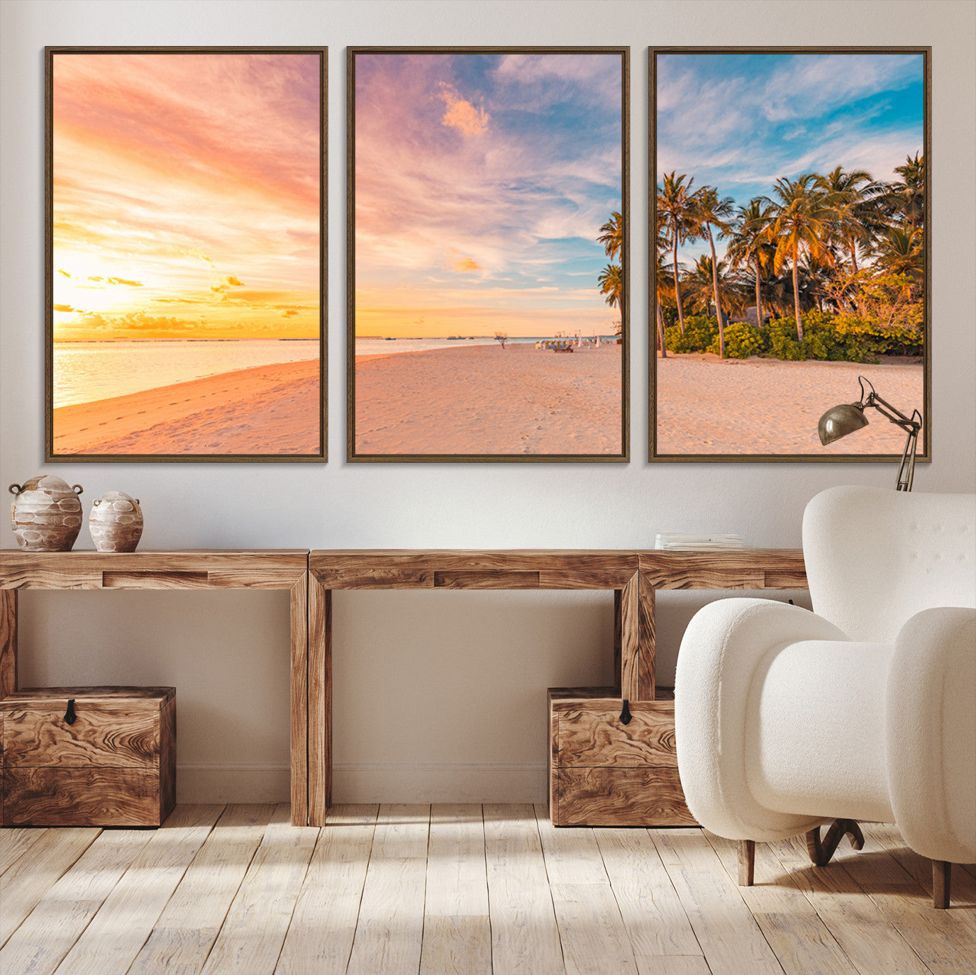 Tropical beach canvas with palm trees and soft sunset tones, ideal for coastal or beach-style home décor in warm pastel hues.