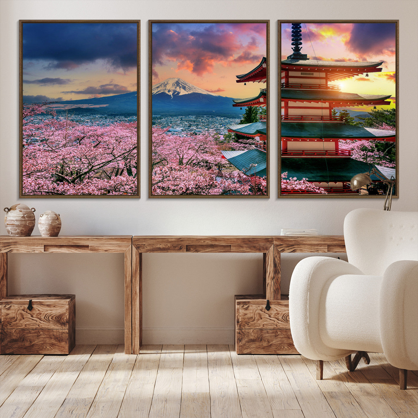 32331262-MGV-CV-48X32-3P-Mount Fuji Cherry Blossom Wall Art Canvas Print – Framed Pagoda Sunset Japan Landscape for Home, Office