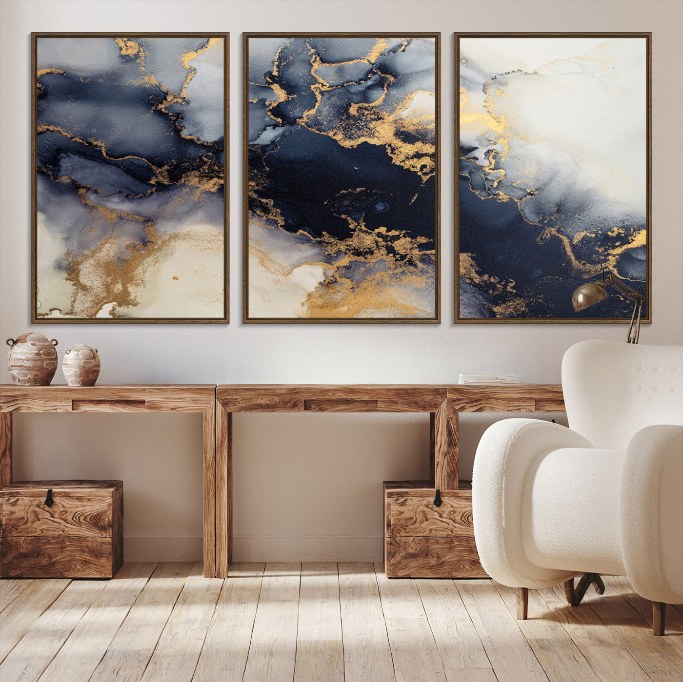 Luxurious abstract canvas in black and gold with moody fluid textures and smoky patterns, perfect for dramatic modern interiors.