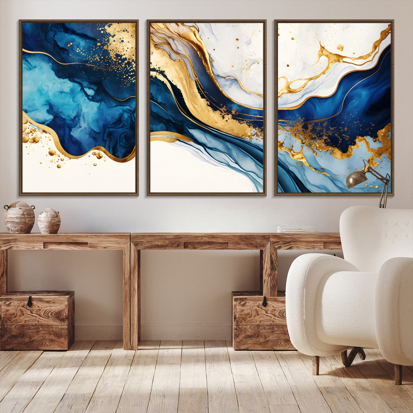 Canvas artwork with fluid blue and gold marbling, perfect for modern luxe or elegant abstract home decor styles.
