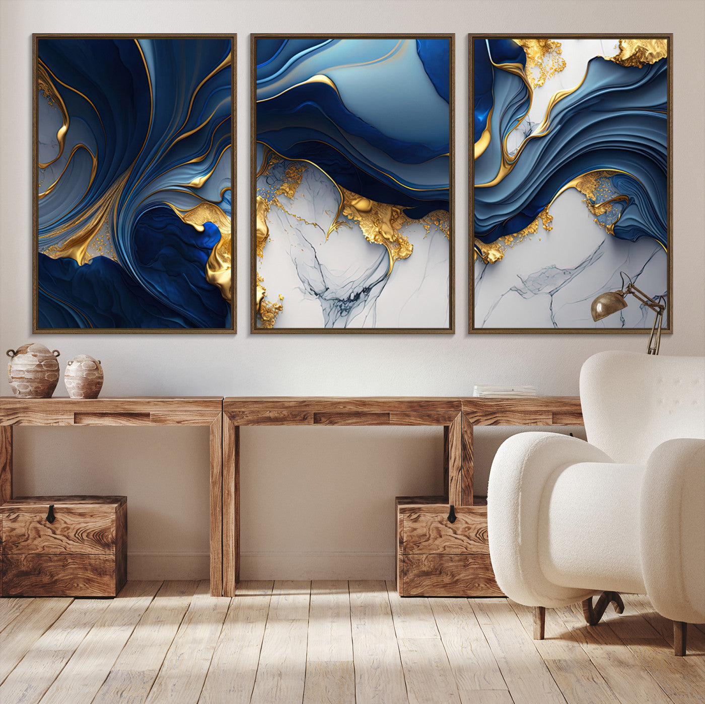 Canvas art with swirling blue marble and gold textures, ideal for elegant glam or modern luxury interior design settings.