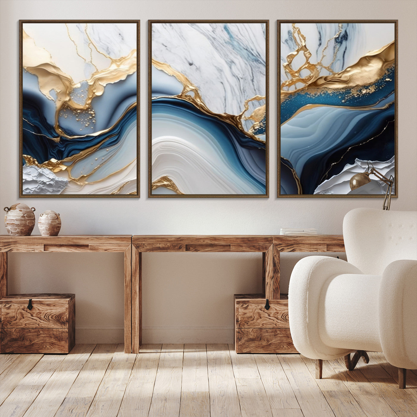 Abstract canvas with blue marble textures and flowing gold veins, ideal for modern luxury or coastal-inspired interior decor.