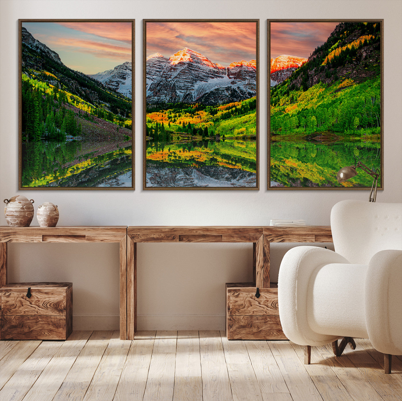 59533484-MGV-CV-48X32-3P-Wall Art Canvas Print – Sunset Glow Mountain Peaks Vibrant Green Forest Reflective Lake Calm Waters for Home, Office