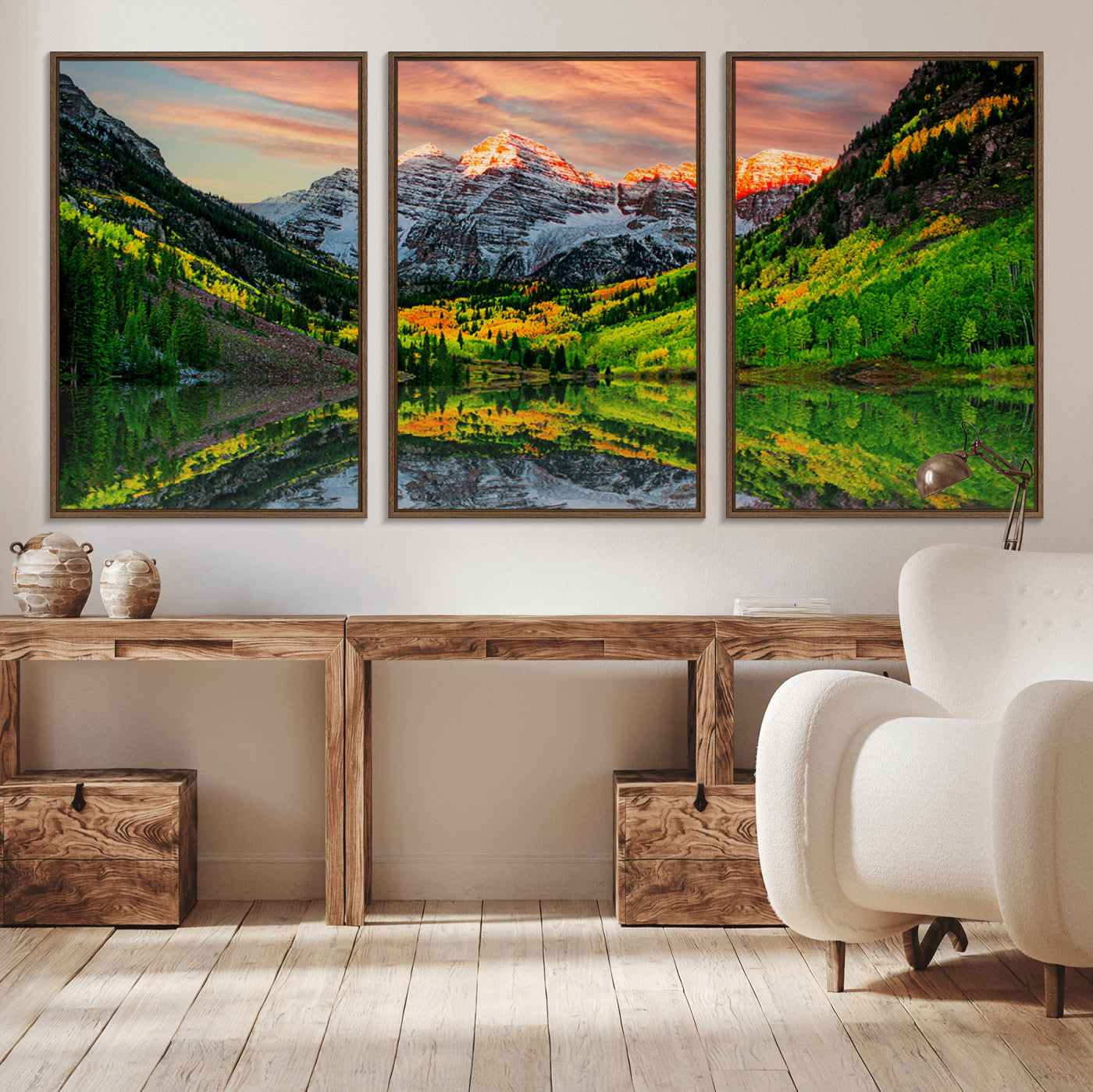 59533484-MGV-CV-36X24-Maroon Bells Lake Wall Art Canvas Print – Framed Majestic Colorado Mountain Scene with Autumn Reflection Artwork for Home, Office