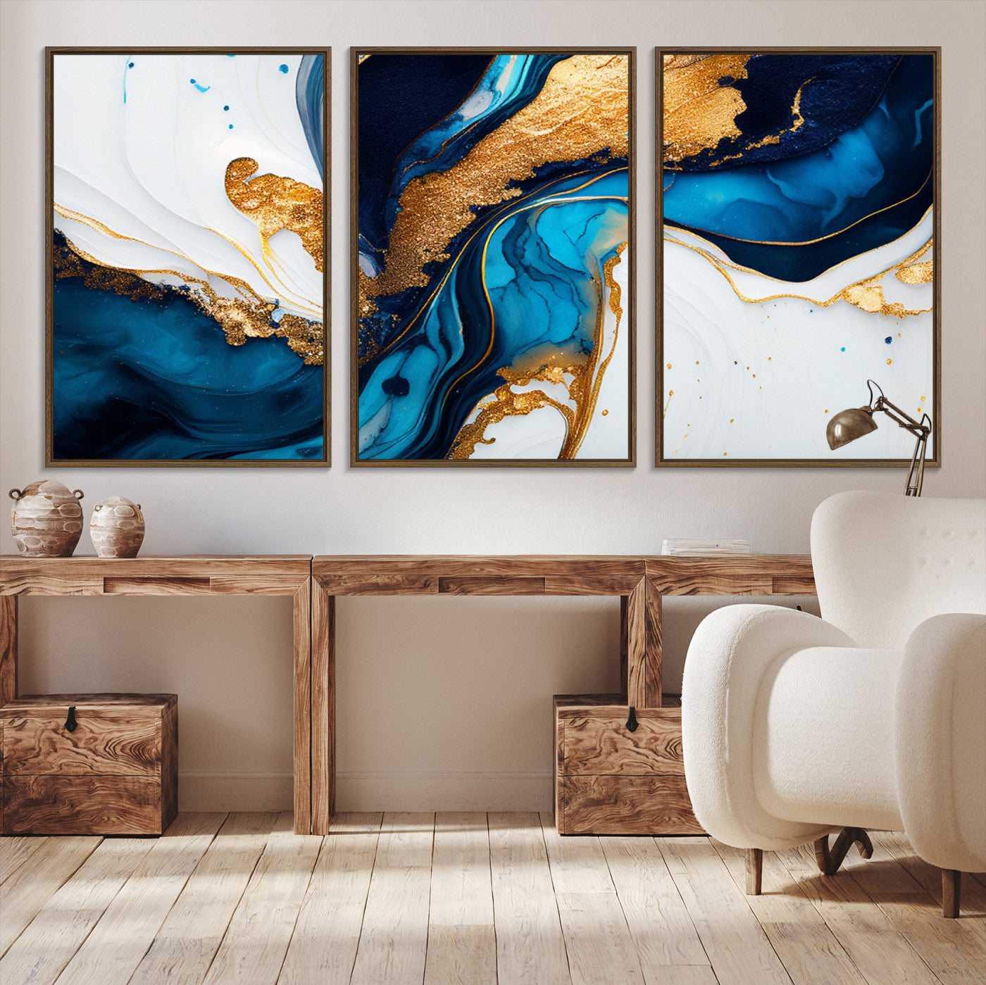 Luxurious abstract canvas in gold, navy, and teal tones with fluid marble patterns, perfect for modern glam or upscale interiors.