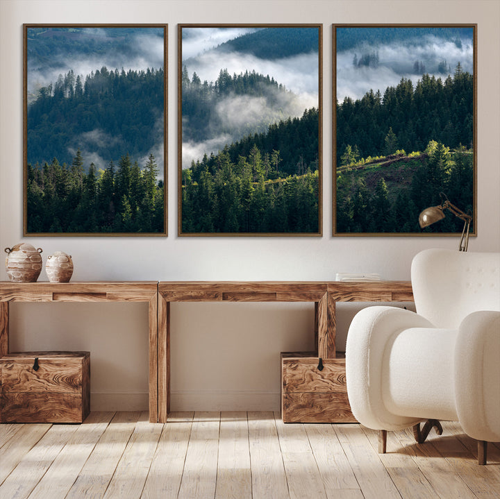 Moody canvas of misty pine forests over layered hills, perfect for cool-toned nature-inspired or woodland-style home decor.