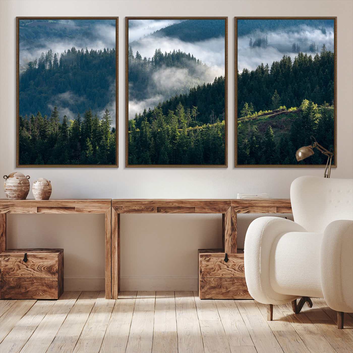 Moody canvas of misty pine forests over layered hills, perfect for cool-toned nature-inspired or woodland-style home decor.
