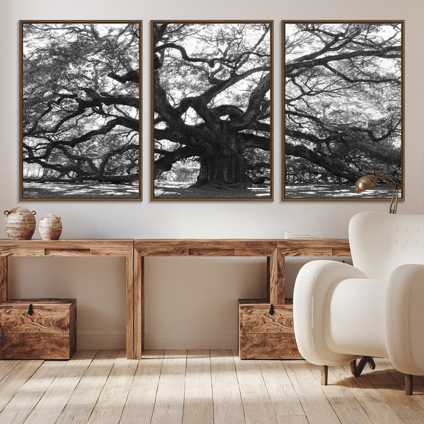 Black and white canvas of an ancient oak tree with sprawling, twisted branches, ideal for moody nature-inspired or rustic decor.