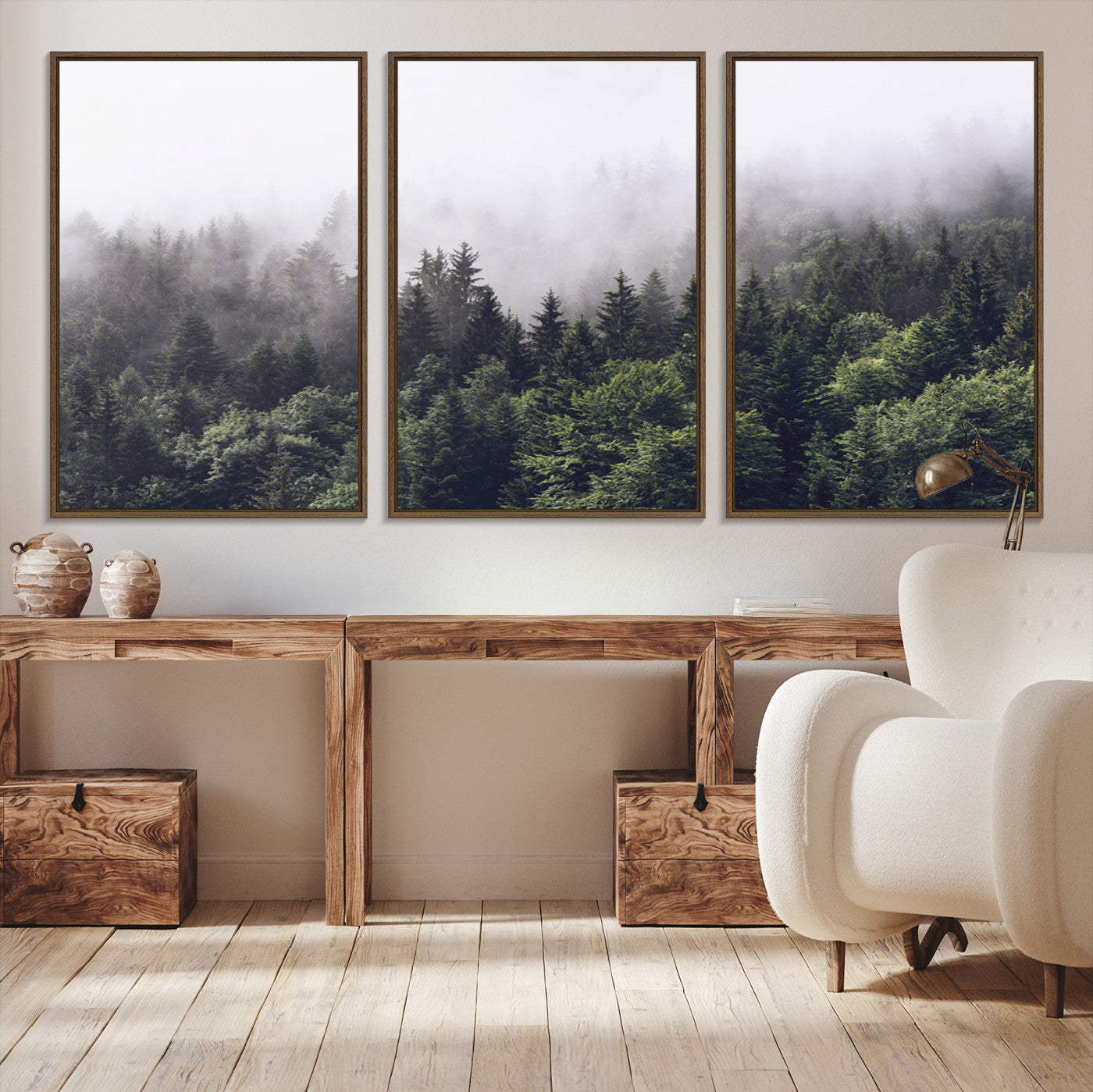 Canvas of dense misty forest in dark green tones, ideal for moody forest or atmospheric woodland-themed home decor.