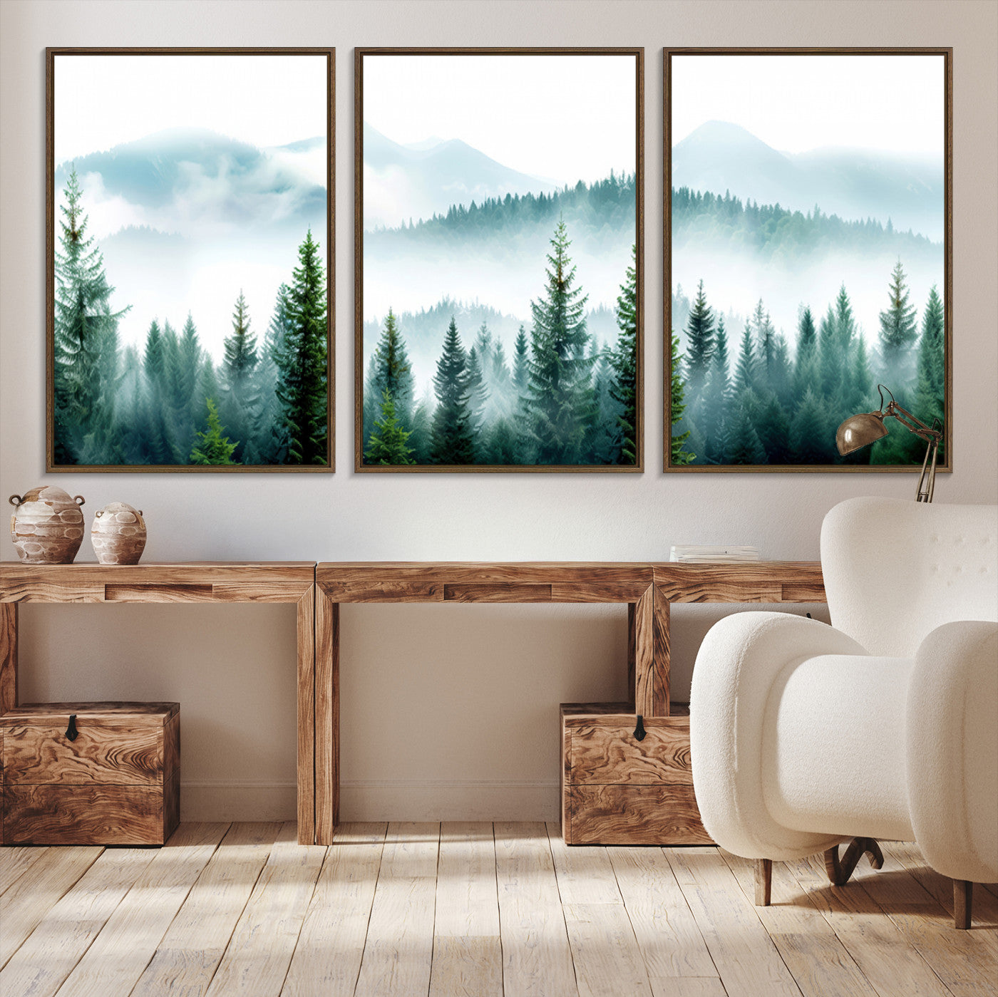 16716676-MGV-CV-48X32-3P-Misty Pine Forest Wall Art, Foggy Mountain Landscape Canvas Print, Serene Nature Trees Framed Artwork for Home, Office
