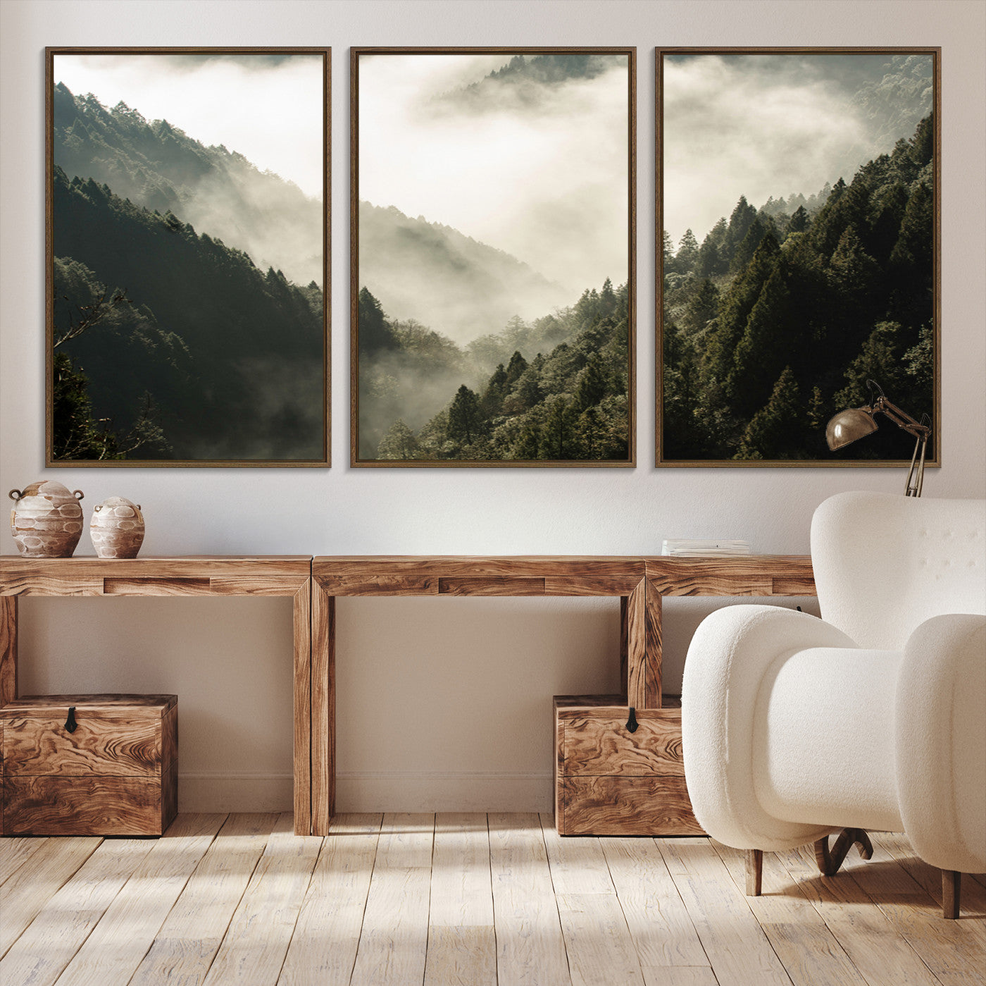 Canvas showing a misty pine forest valley with layered green hills and soft fog, perfect for moody or nature-themed decor styles.