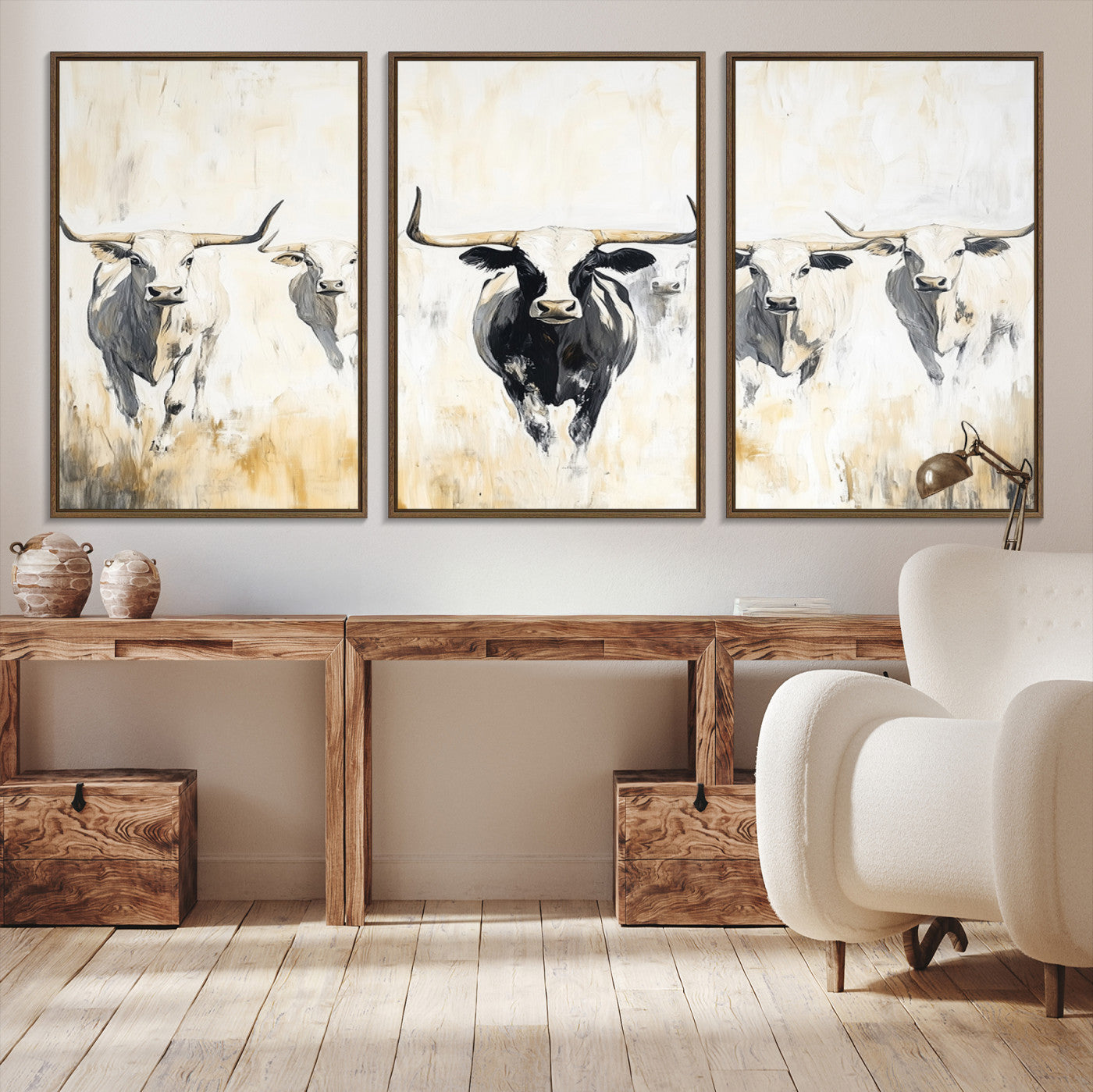 40397799-MGV-CV-36X24-Texas Longhorn Wall Art Canvas Print – Rustic Western Bull Herd Neutral Tones Country Ranch Artwork for Home Office