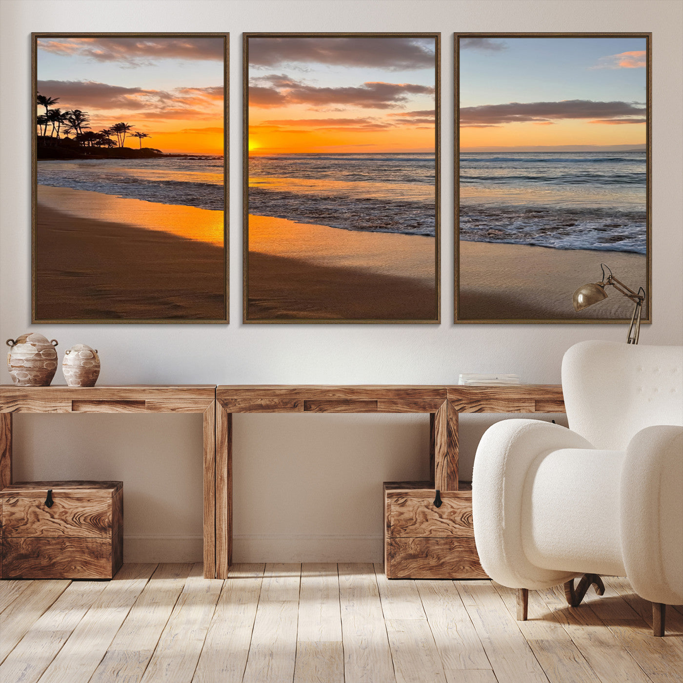 Canvas of a tropical beach at sunset with golden reflections and palm trees, perfect for vibrant coastal or island-style decor.
