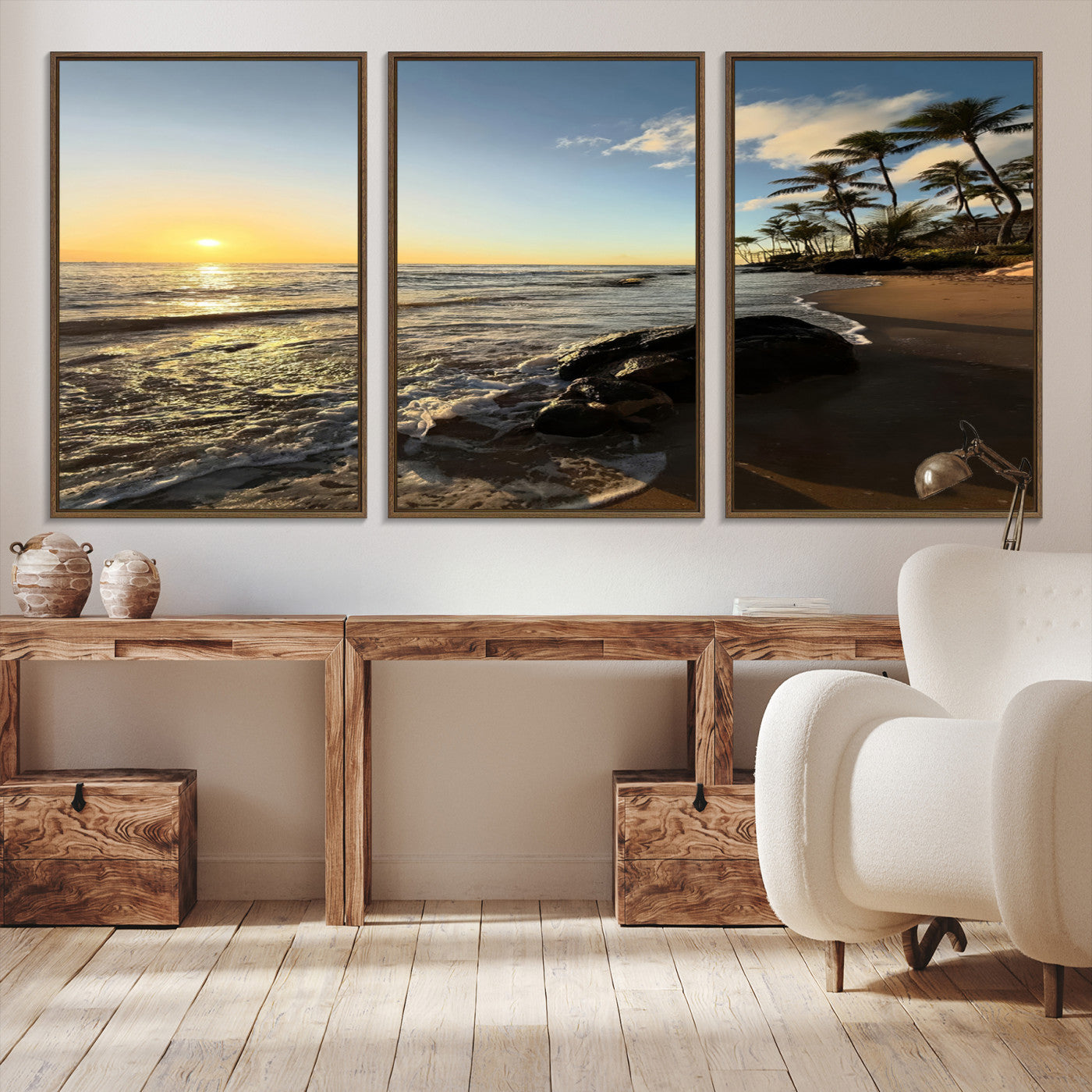 Canvas of a golden sunset on a tropical beach with palm trees and calm waves, perfect for coastal or island-themed home decor.
