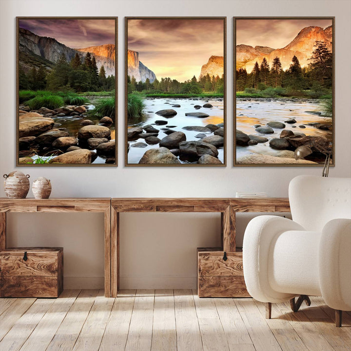 A tranquil riverside sunset mirrors the beauty of a Yosemite wall art masterpiece like the Large El Capitan Print.