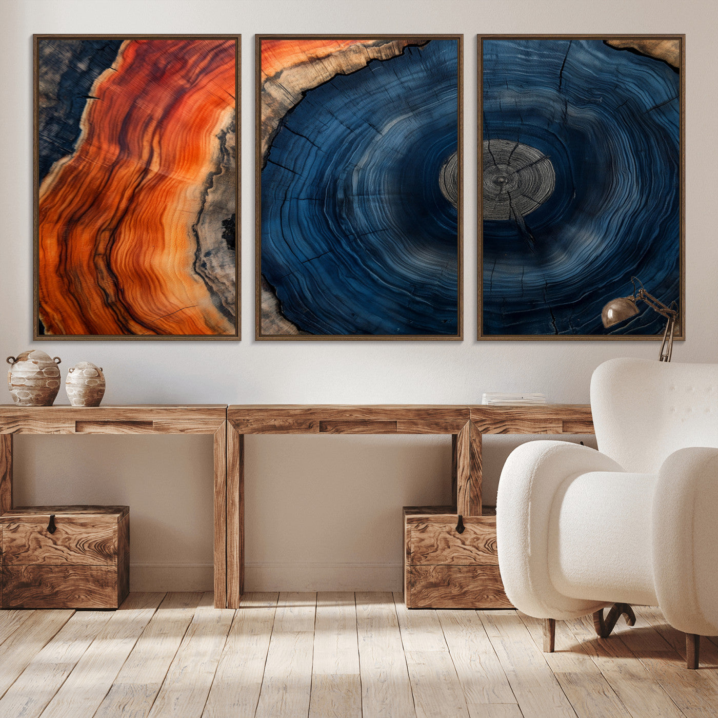 MGV-FC-60X30-3P - Tree Rings Wall Art Canvas Print, Rustic Wood Print, Framed Natural Texture Art Print, Wood Grain