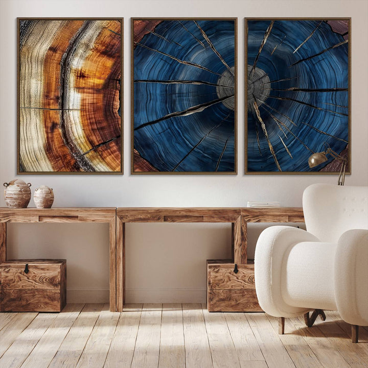 The Abstract Tree Rings Canvas Print features blue, brown, and orange rings that highlight wood grain and natures beauty.