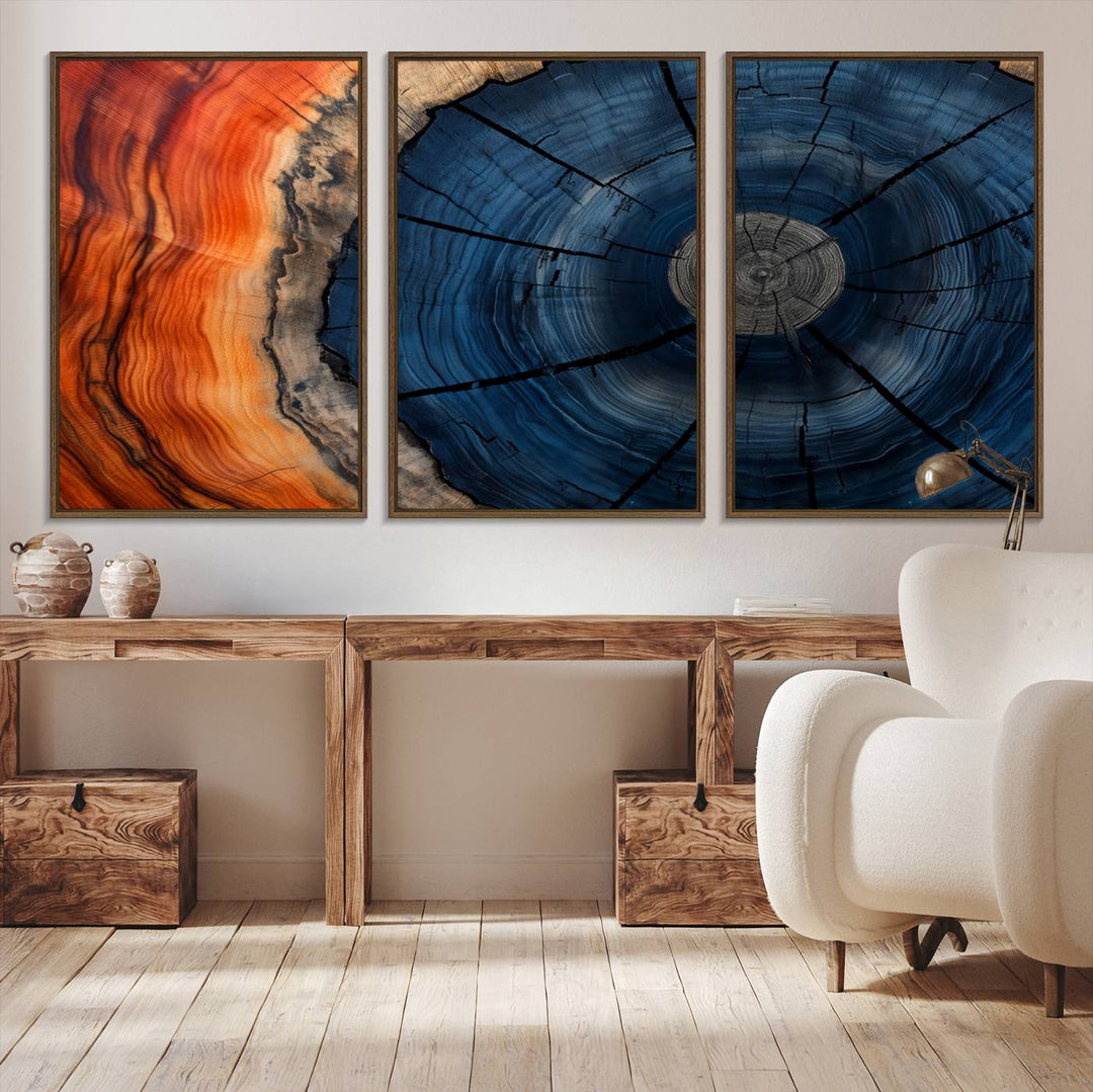 Abstract Tree Rings Canvas Print with vibrant colors—ideal farmhouse wall art for a woodland-themed home.