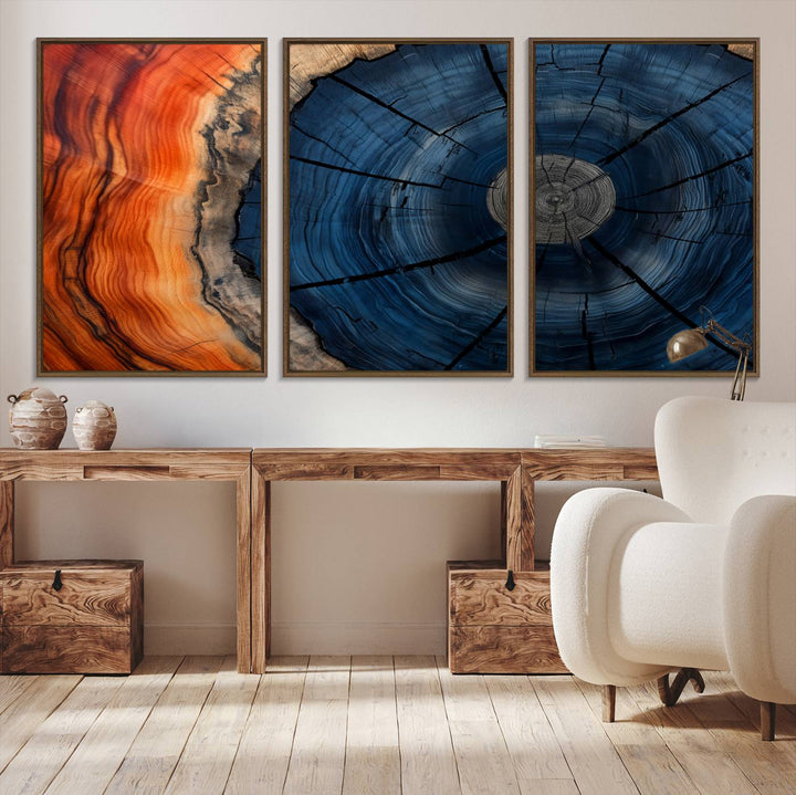 Abstract Tree Rings Canvas Print with vibrant colors—ideal farmhouse wall art for a woodland-themed home.