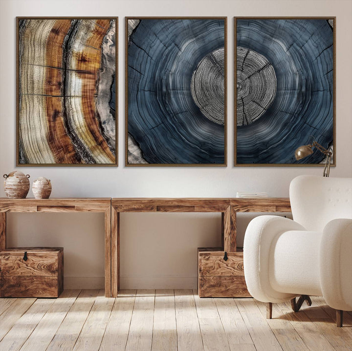 Close-up of the Abstract Tree Rings Wall Art Print featuring shades of blue, brown, and gray.