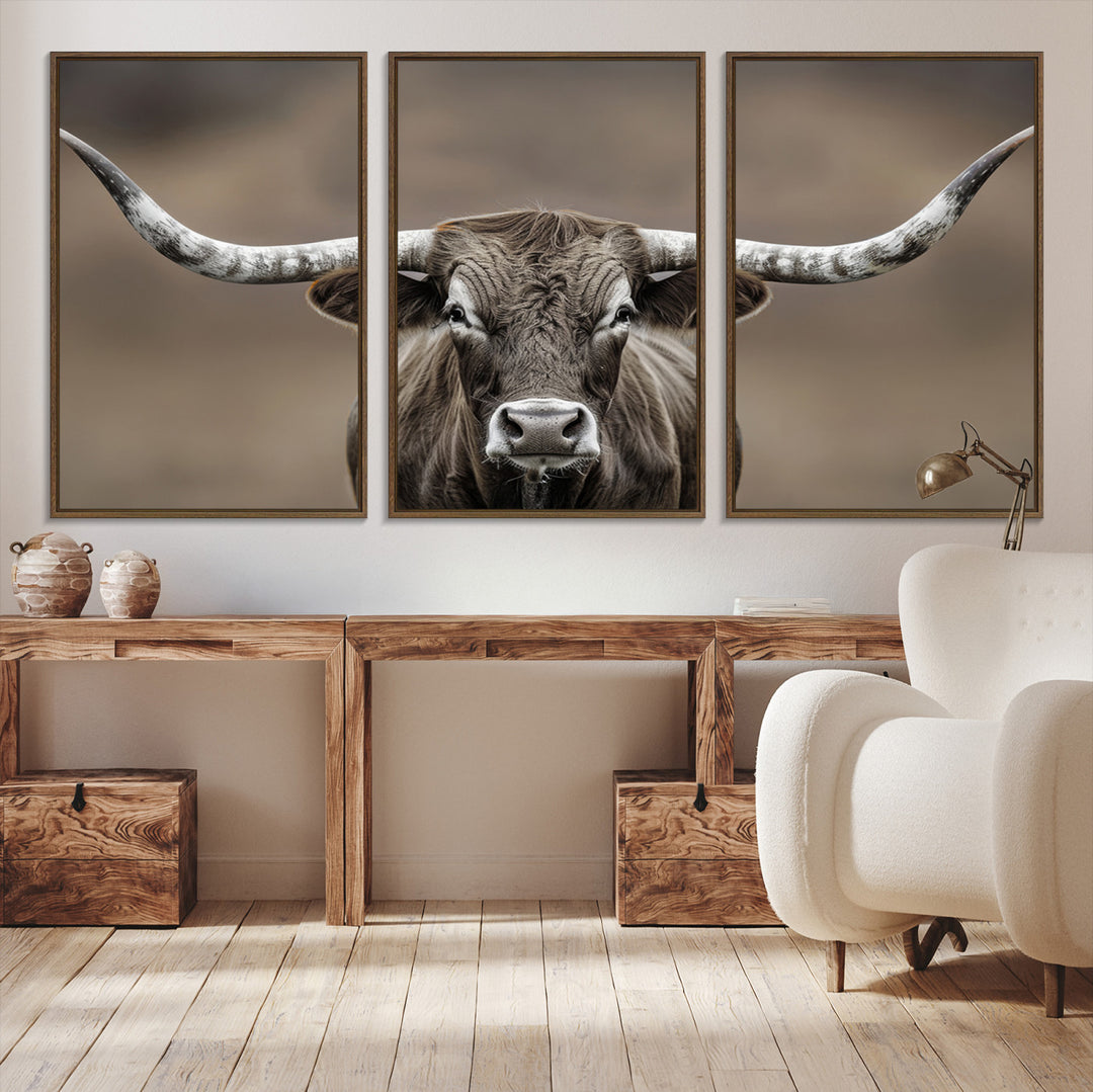 The Framed Texas Longhorn Bull Art Canvas Print adds timeless elegance to the serene setting.