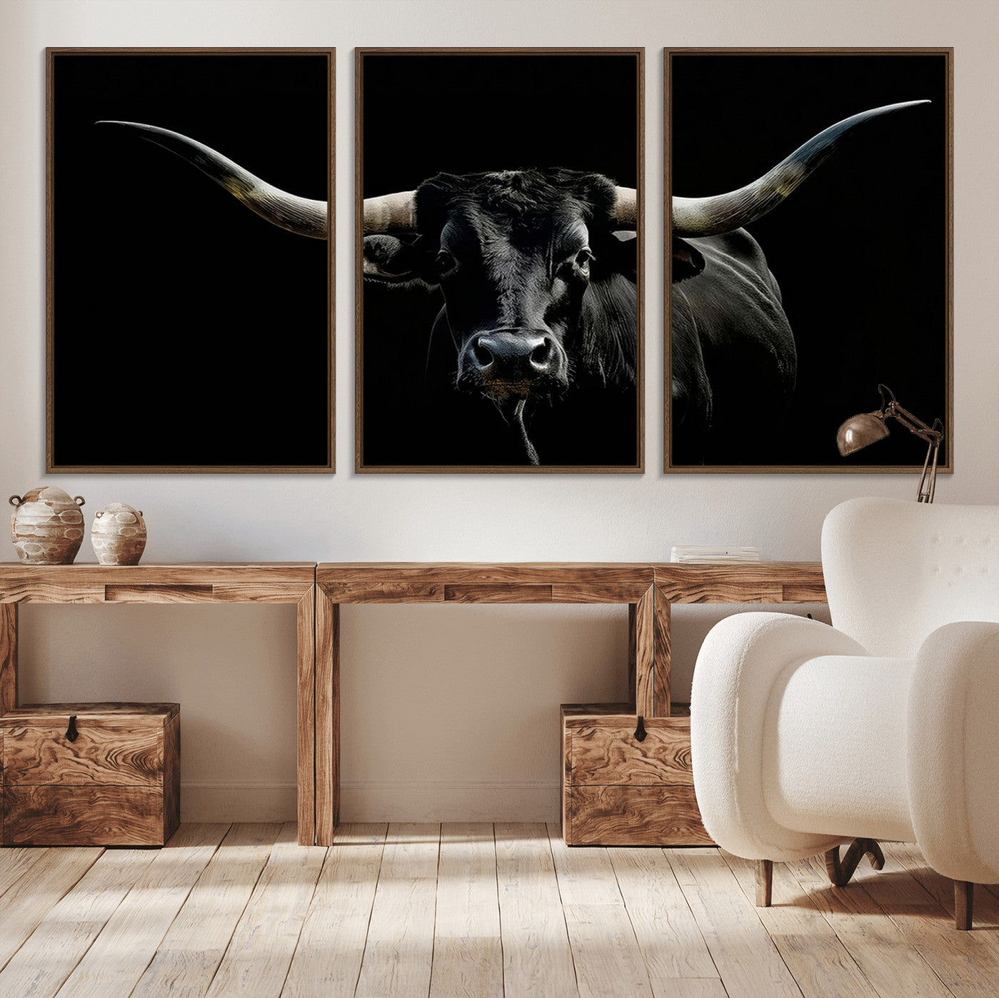 MGV-FC-60X30-3P - Texas Black Bull Wall Art Print, Longhorn Bull Canvas Wall Art