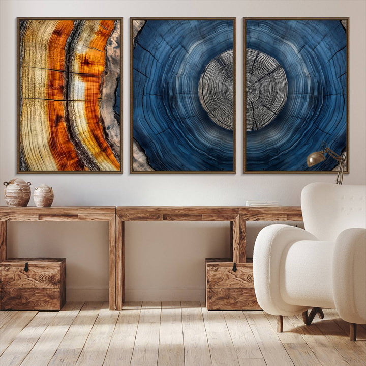 Vibrant Abstract Tree Rings in Orange, Brown, and Blue - Canvas Print for Nature Woodland Wall Decor.