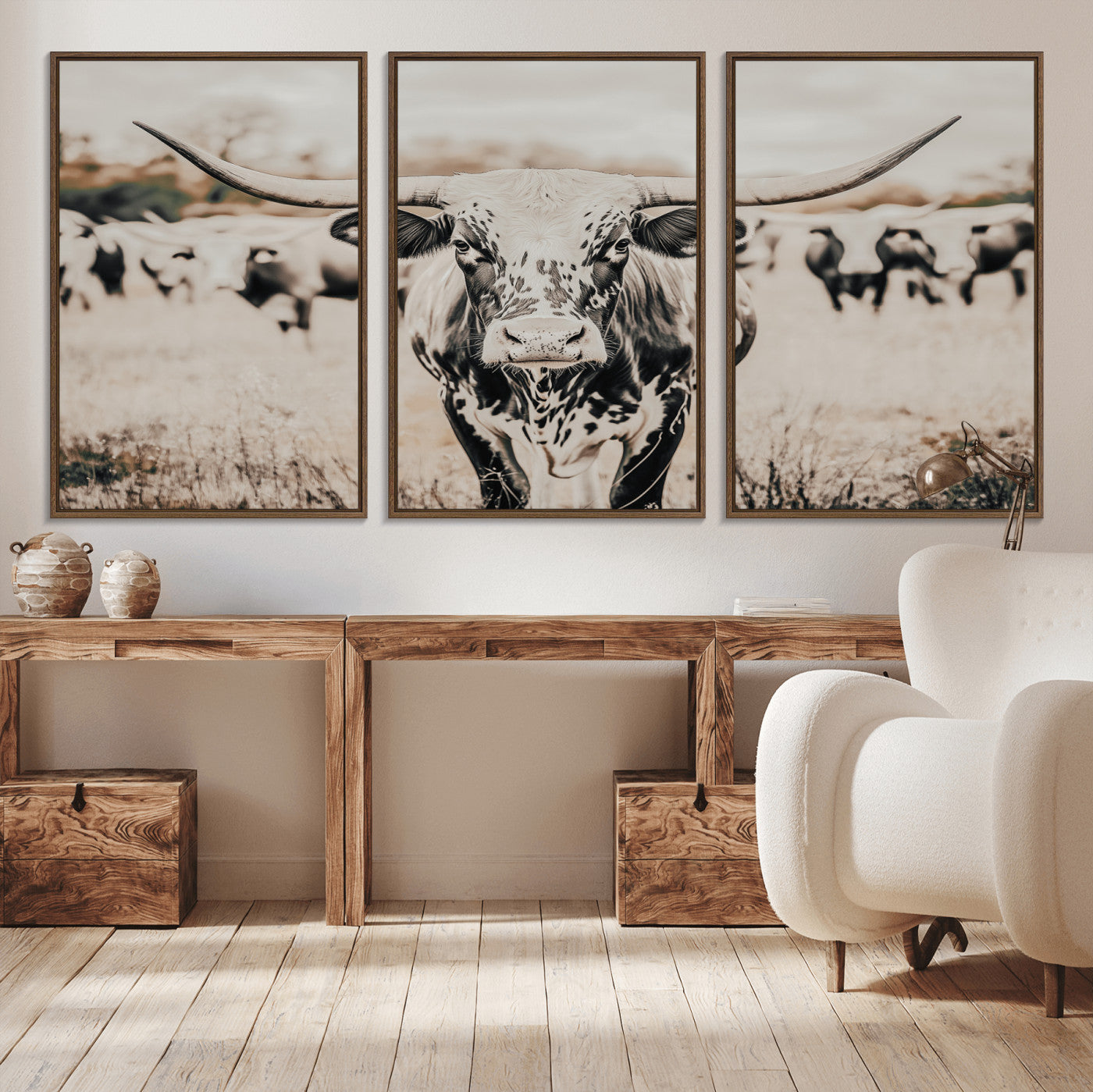MGV-FC-60X30-3P - Texas Longhorn Wall Art Canvas Print, Framed Speckled Cow Art Picture Print, Horned Cattle Perfect Rustic Western Decor Artwork