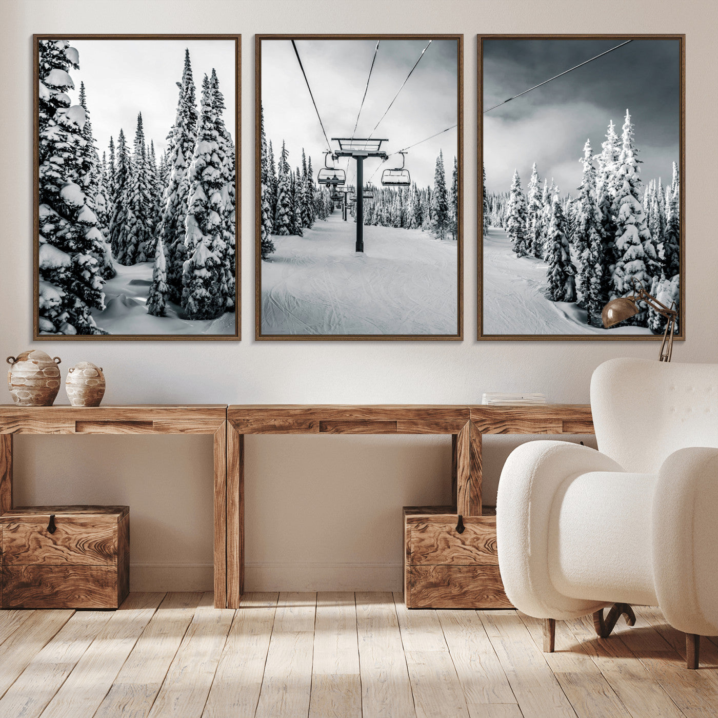 31156828-MGV-CV-36X24-Snowy Pines Wall Art Canvas Print – Framed Ski Lift Winter Forest Snowy Landscape Moody Lodge Artwork for Home, Office