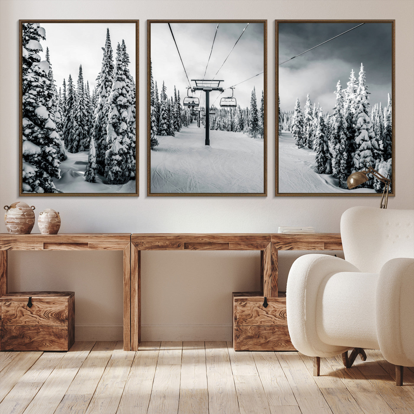 31156828-MGV-CV-36X24-Snowy Pines Wall Art Canvas Print, Framed Ski Lift Art Picture Print, Winter Forest Perfect Moody Lodge Decor, Ski Lift Wall Art Canvas