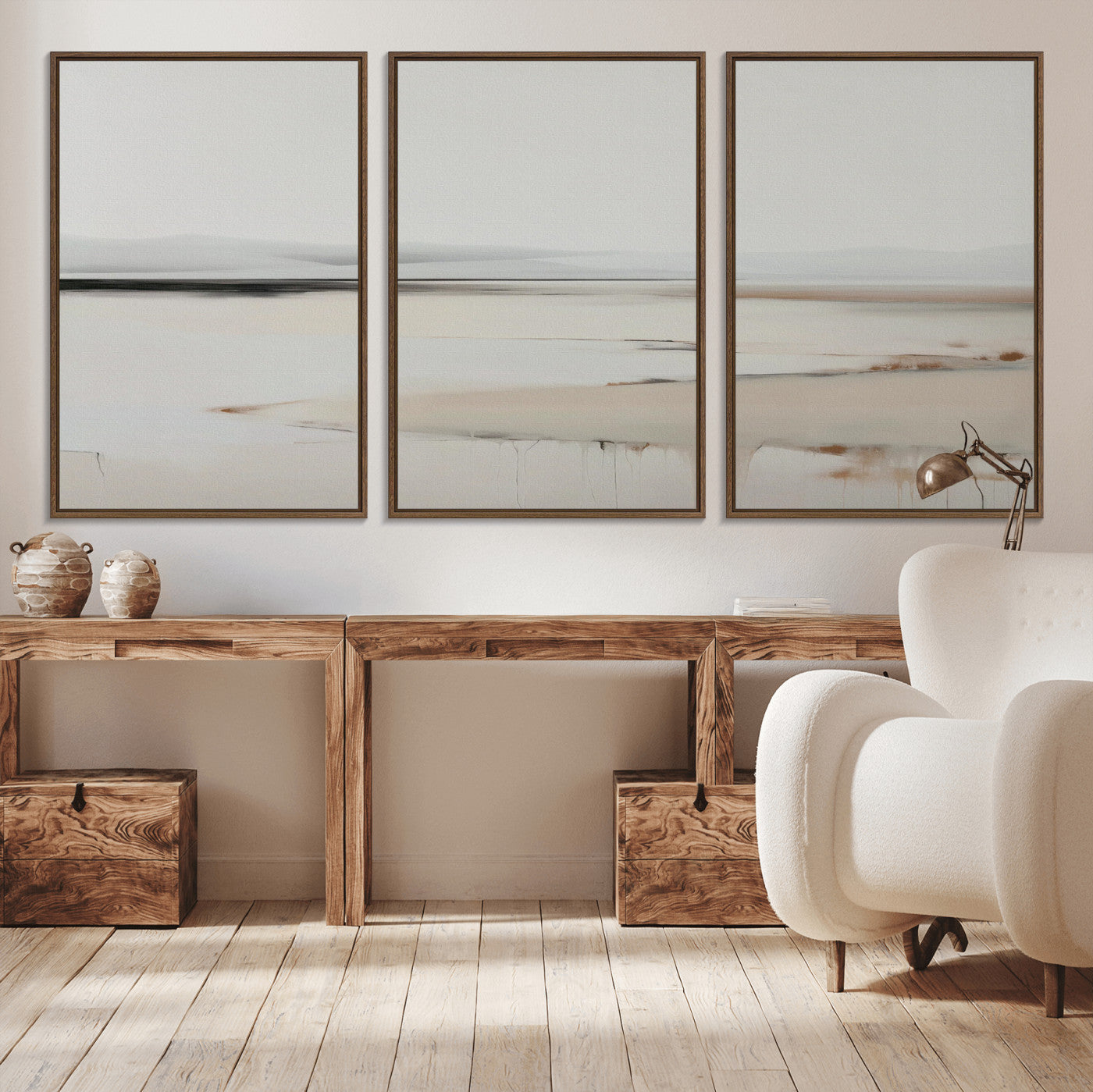 89410095-MGV-CV-36X24-Minimalist Landscape Wall Art Canvas Print – Framed Soft Horizon Abstract Seascape Earthy Tones Artwork for Home Office