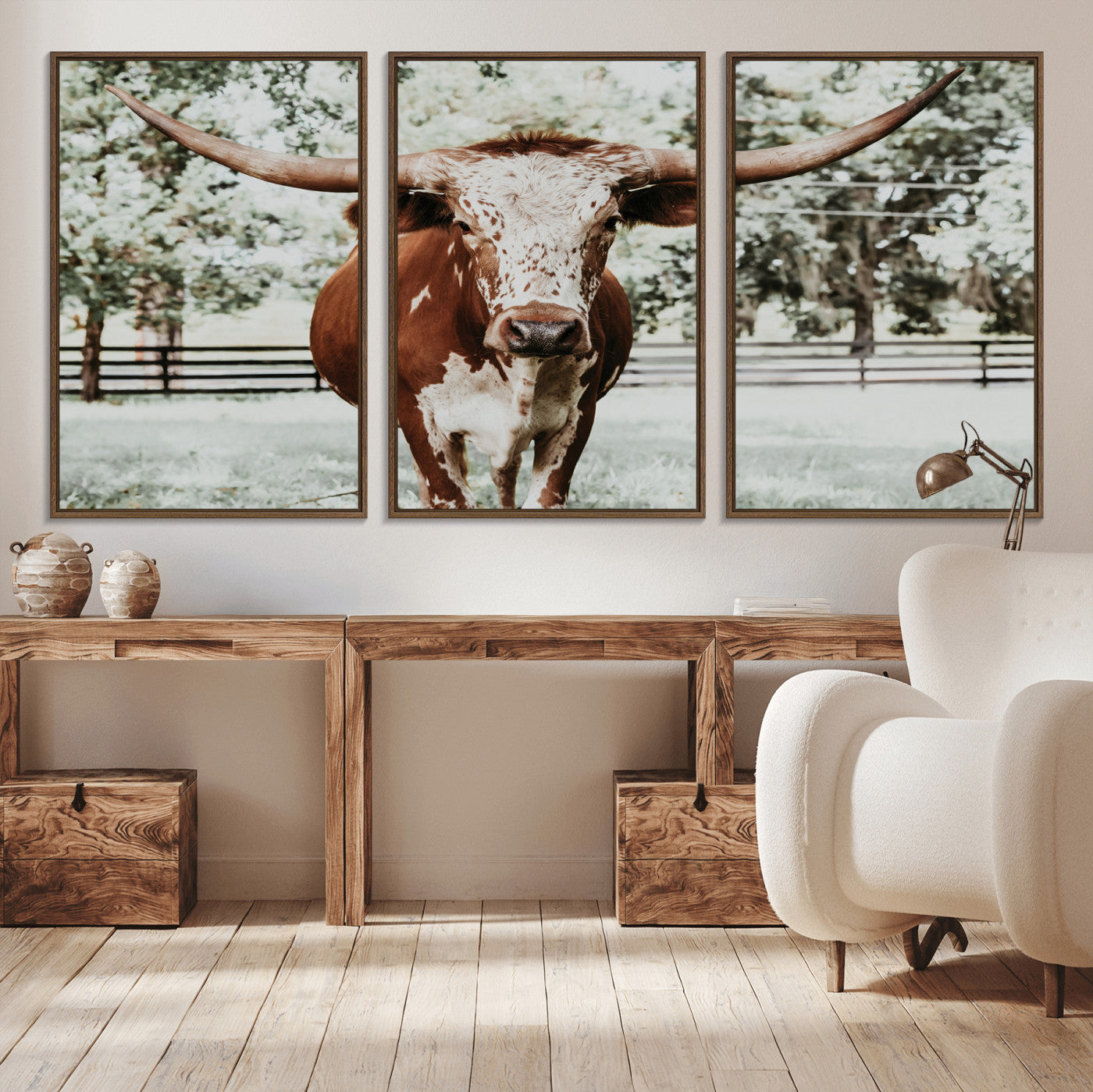 MGV-FC-60X30-3P - Texas Longhorn Wall Art Canvas Print, Framed Spotted Cow Art Picture Print, Horned Cattle Perfect Rustic Western Decor Artwork