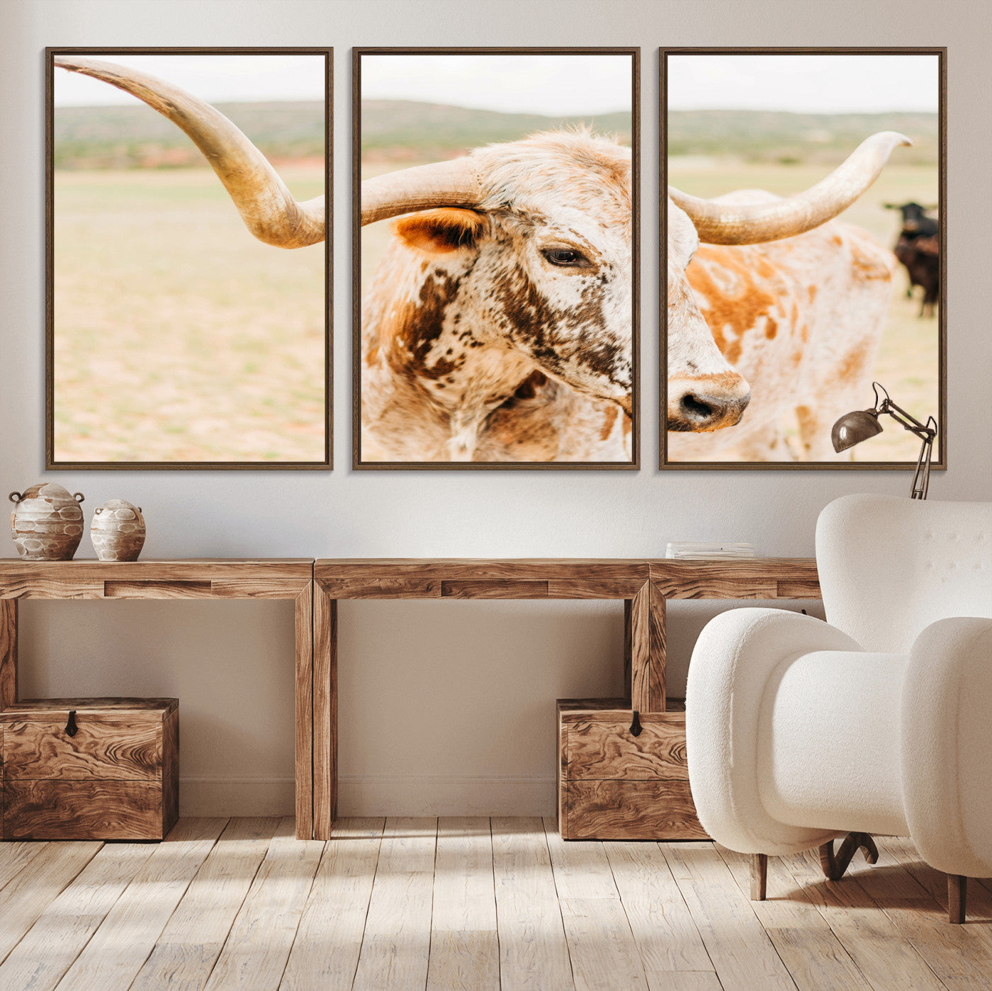 MGV-FC-60X30-3P - Texas Longhorn Wall Art Canvas Print, Framed Spotted Cow Art Picture Print, Horned Cattle Perfect Rustic Western Decor Artwork