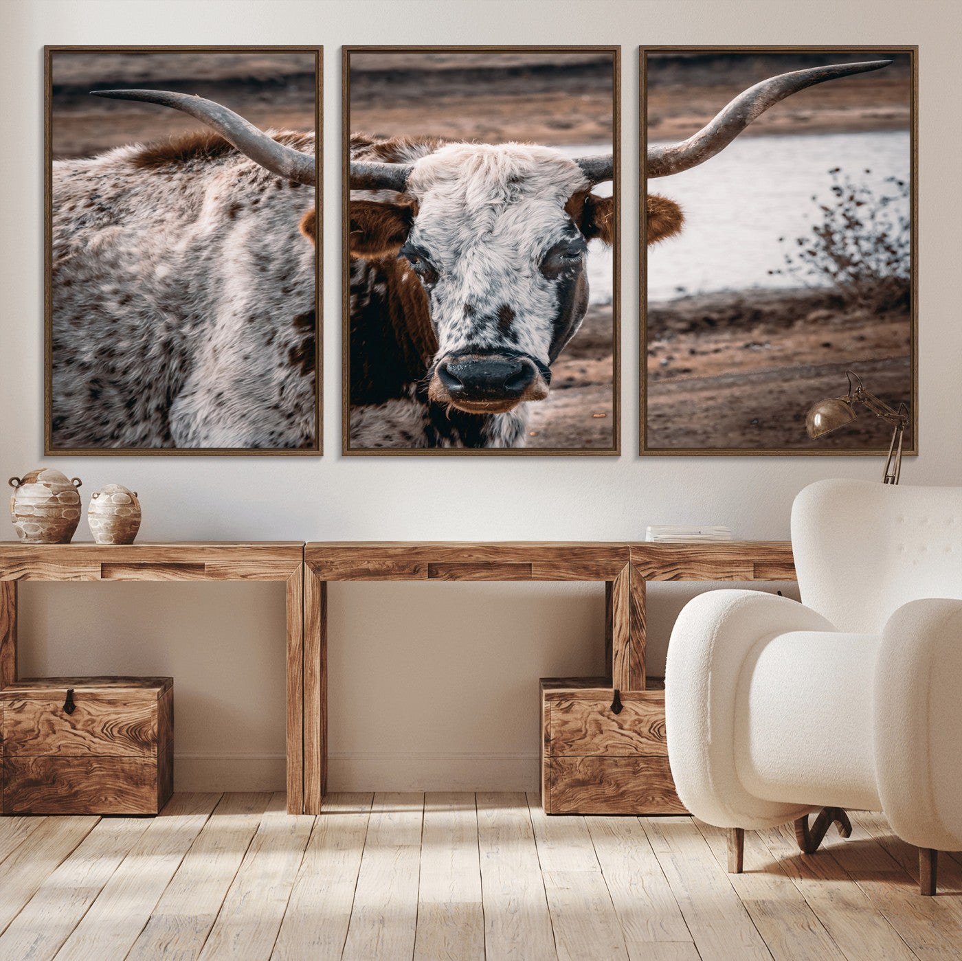 MGV-FC-60X30-3P - Texas Longhorn Wall Art Canvas Print, Framed Spotted Cow Art Picture Print, Horned Cattle Perfect Rustic Western Decor Artwork